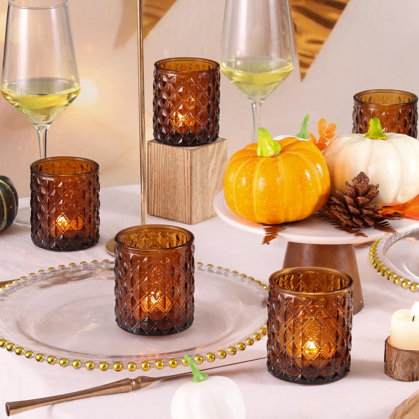 MATAHUM 12Pcs Large Votive Candle Holders 2.8 * 3.2in Amber Tea Light Candle Holders Glass Candle Holder for Bridal Shower, Wedding, Table Centerpiece, Party, Home Decor