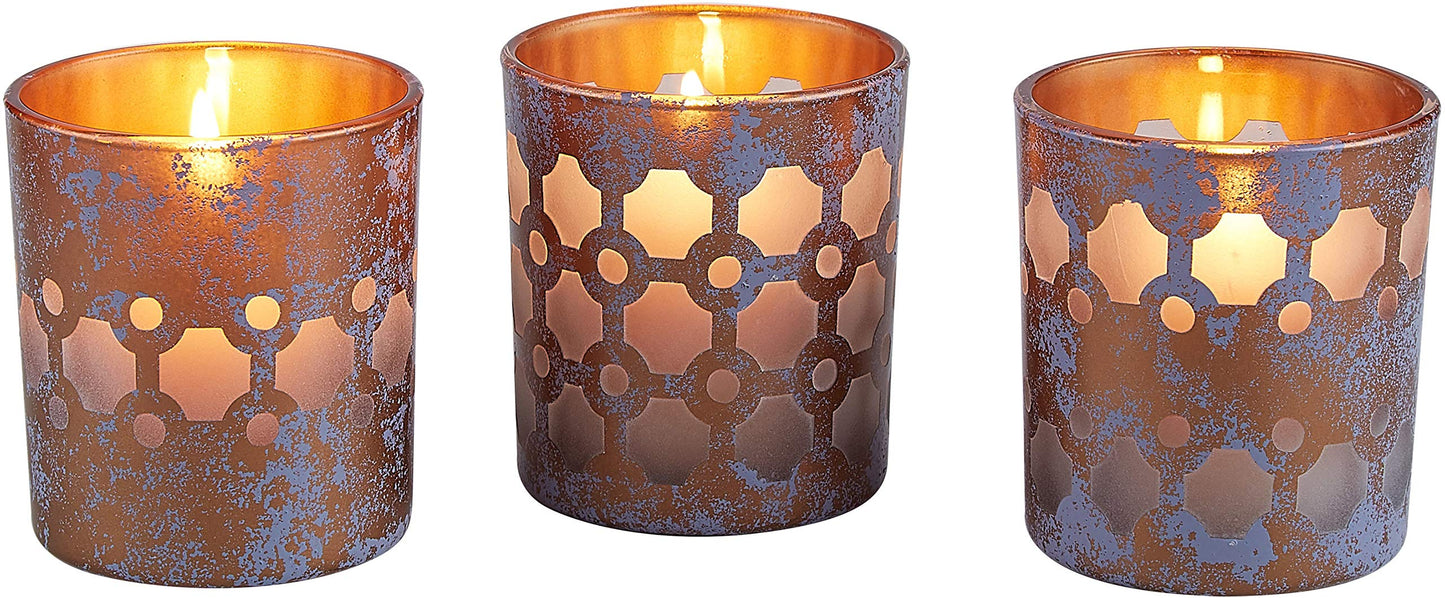 Pavilion - Bronze and Purple Sponge Patterned Frosted Glass Set of 3 Patterned Tealight Candle Holders
