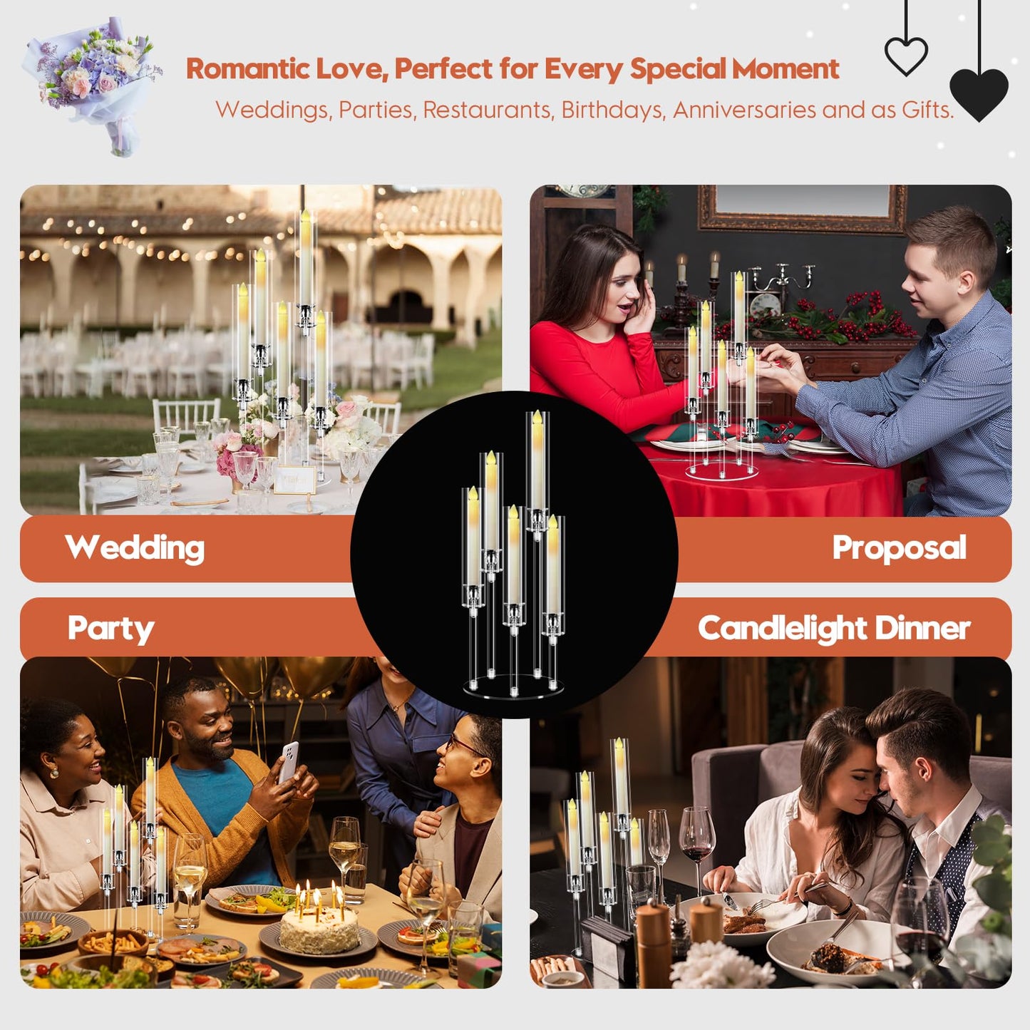 2 Set 5 Arm Acrylic Candle Holder with Candles, Mjkeomo 22.8'' Tall Table Candelabra Centerpiece, Lightweight Candelabra with Lampshades for Fireplace Mantel, Wedding, Housewarming Gift