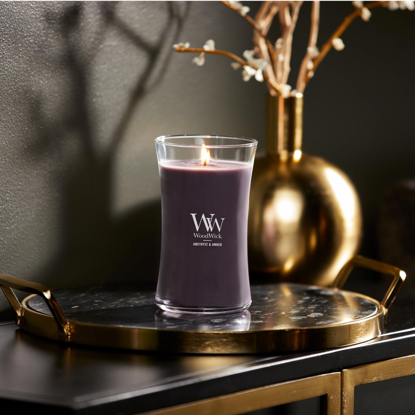 WoodWick Amethyst & Amber Gifts for Women and Men, 21.5 oz Large Hourglass Candle with Crackling Wick