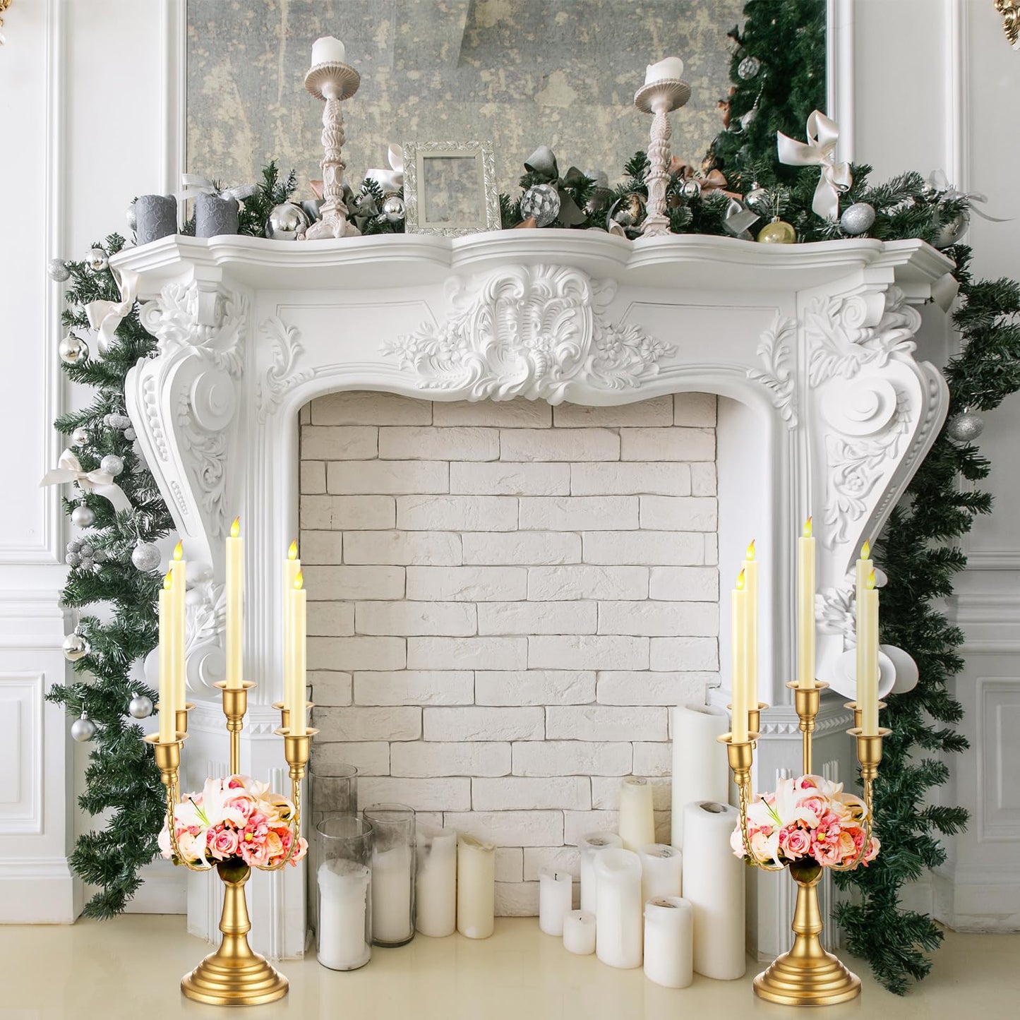 Rtteri 6 Pcs Gold Candelabra Candlestick Holder Metal Candle Stand Candelabra for Taper Candles Table Centerpieces Wedding Christmas Holiday Birthday Party (11.8 x 9.45 x 4.1 Inch,5 Arm)