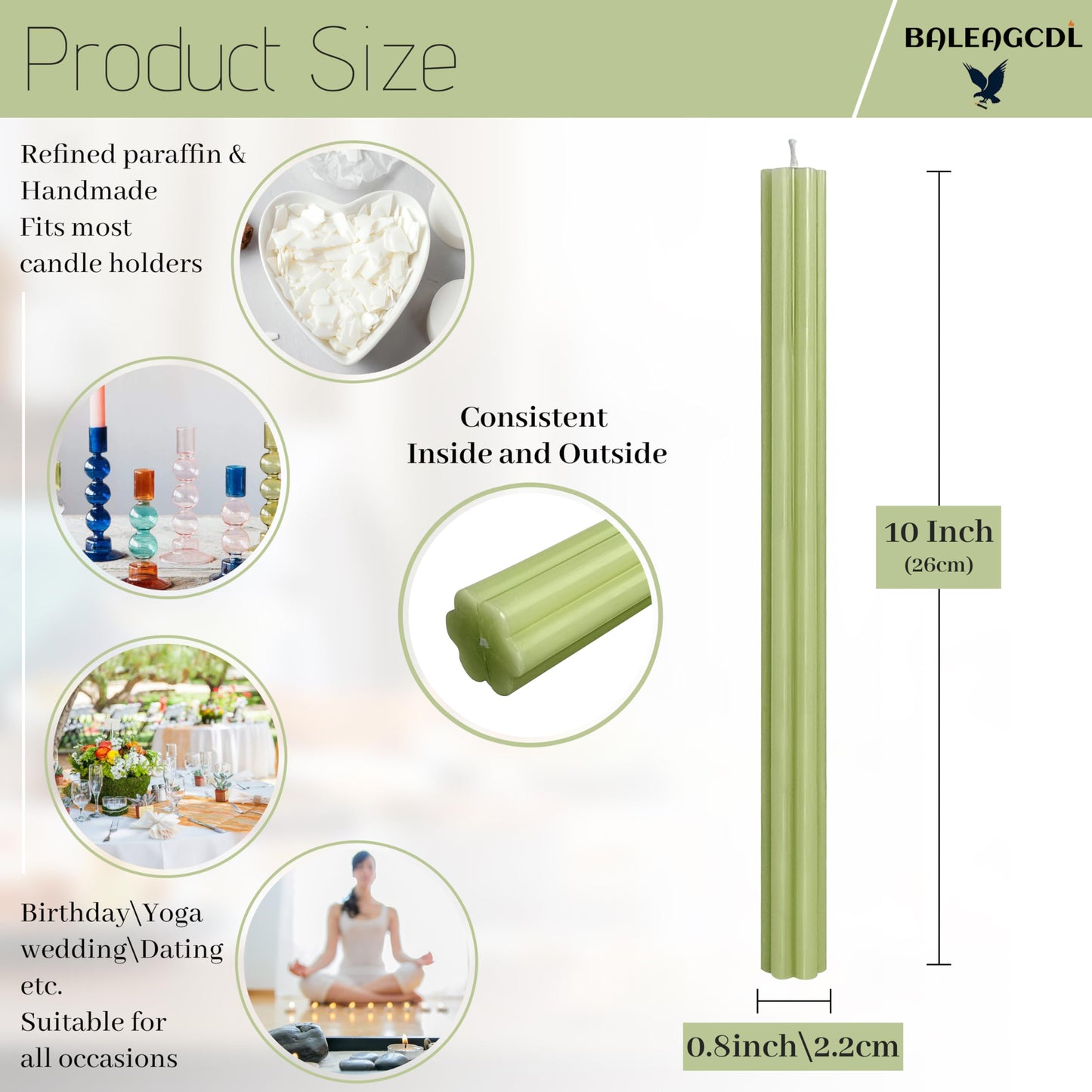 Long Taper Candles Grass Green Unscented Tall Candle 10 Inch Smokeless Ribbed Candlesticks Creative Handmade Candle Sticks for Holiday Weddings Home Decor 6 Pcs