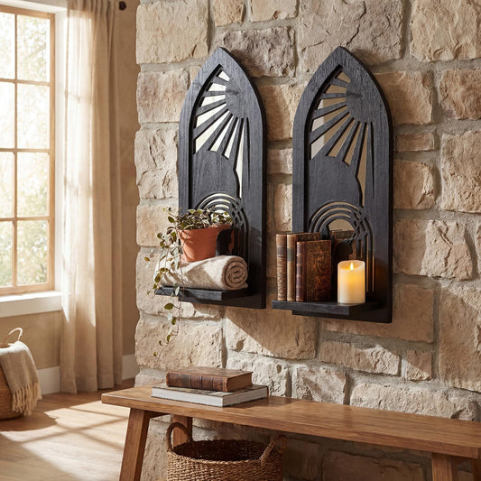 ZEXUIRU 2 Set Rustic Candle Sconces Living Room Bedroom Entryway Wood Mirrored, Farmhouse, Carved Frame Wall-Mount Wooden Candle Holders Wall Decor Hanging Handmade Holder - Black
