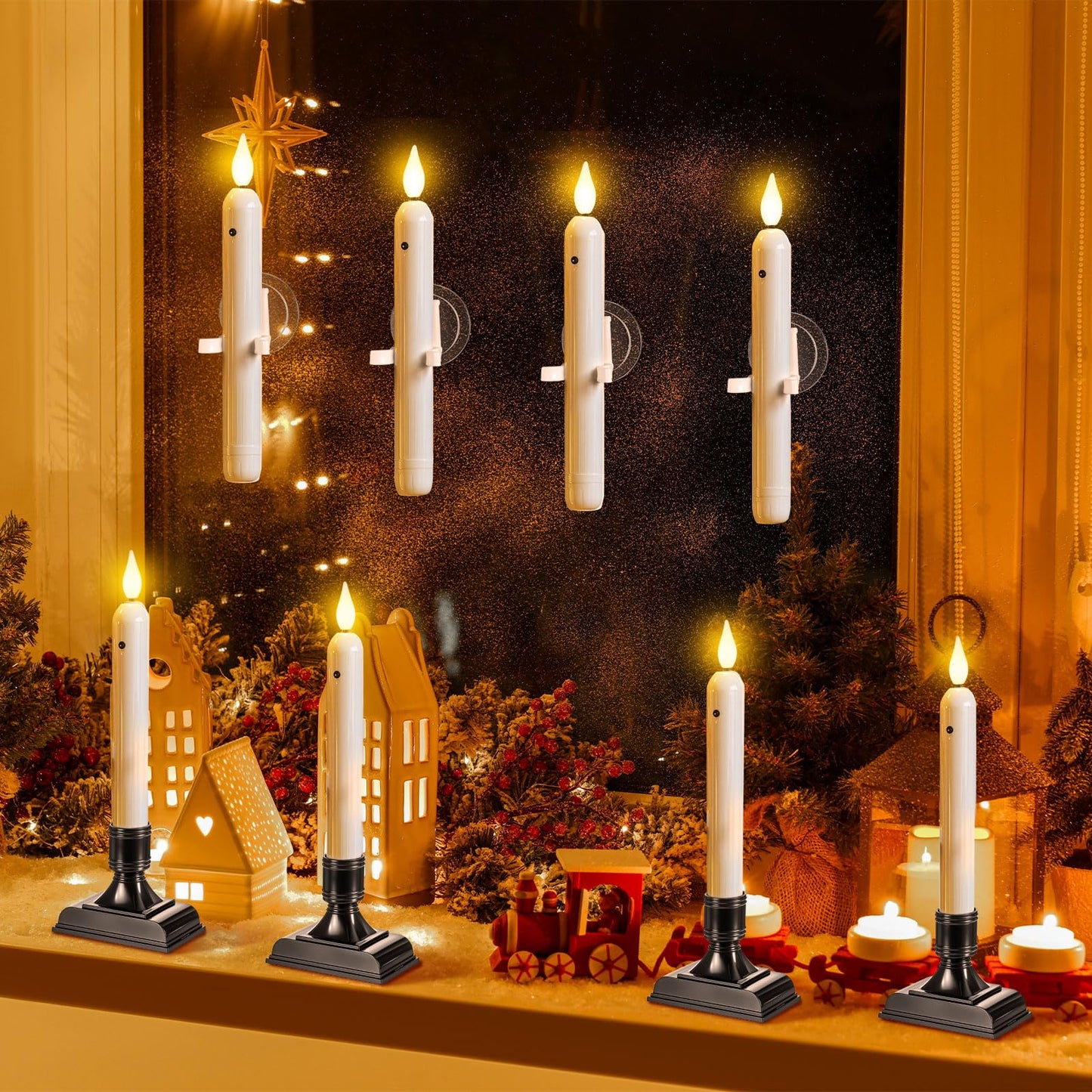 Yungyan 24 Sets Window Candles with Sensor Dusk to Dawn Christmas Window Lights with Suction Cups Battery Operated LED Candlesticks Bulk Flameless Taper Candles for Xmas Holiday Decor (Classic Style)