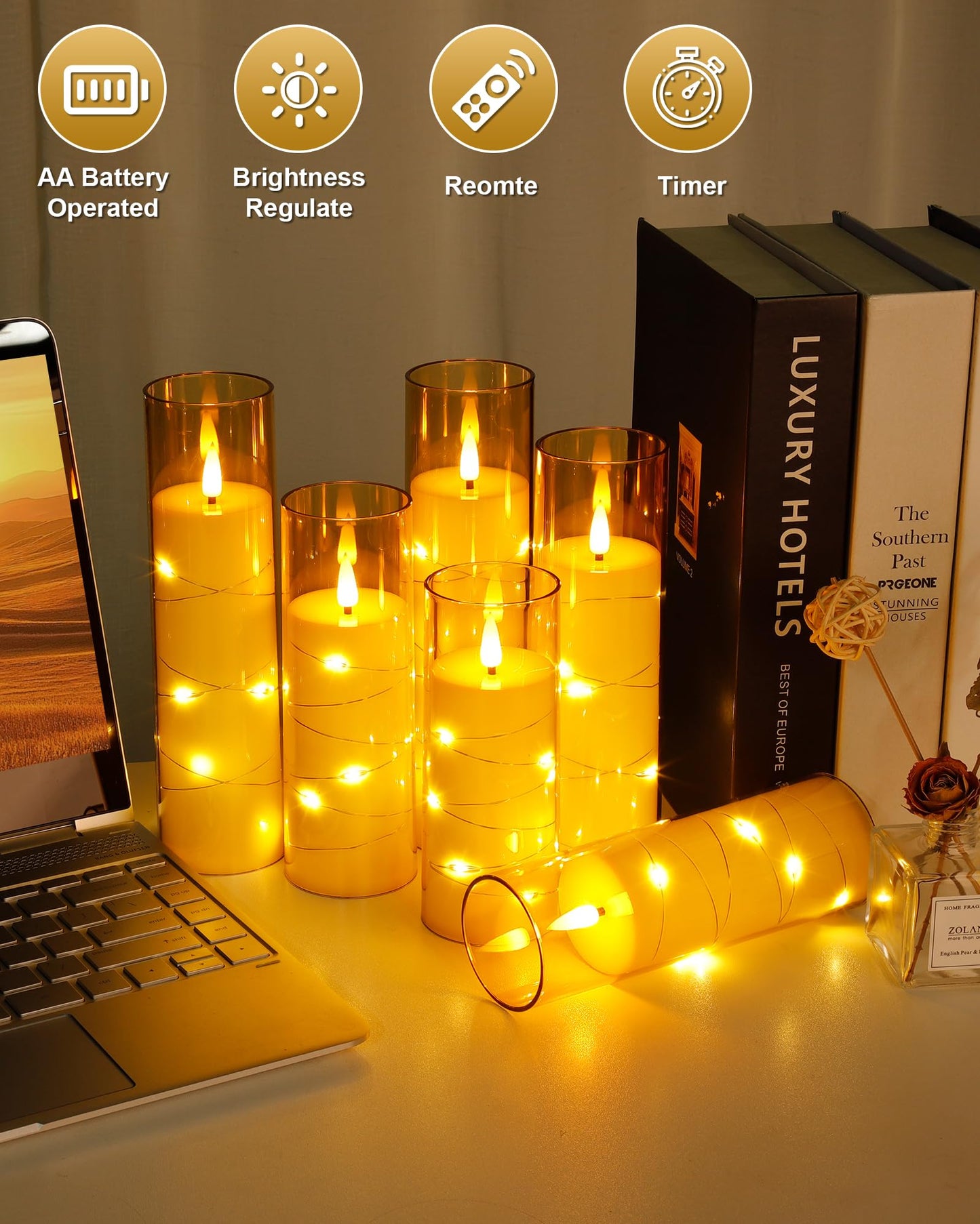 Enido 10 Pc Flameless LED Candles with Remote & Timer, Battery Operated Acrylic Pillar Set, Flickering Electric Lights with Embedded Star String for Cozy Home & Holiday Romantic Decor (Matte Gold)
