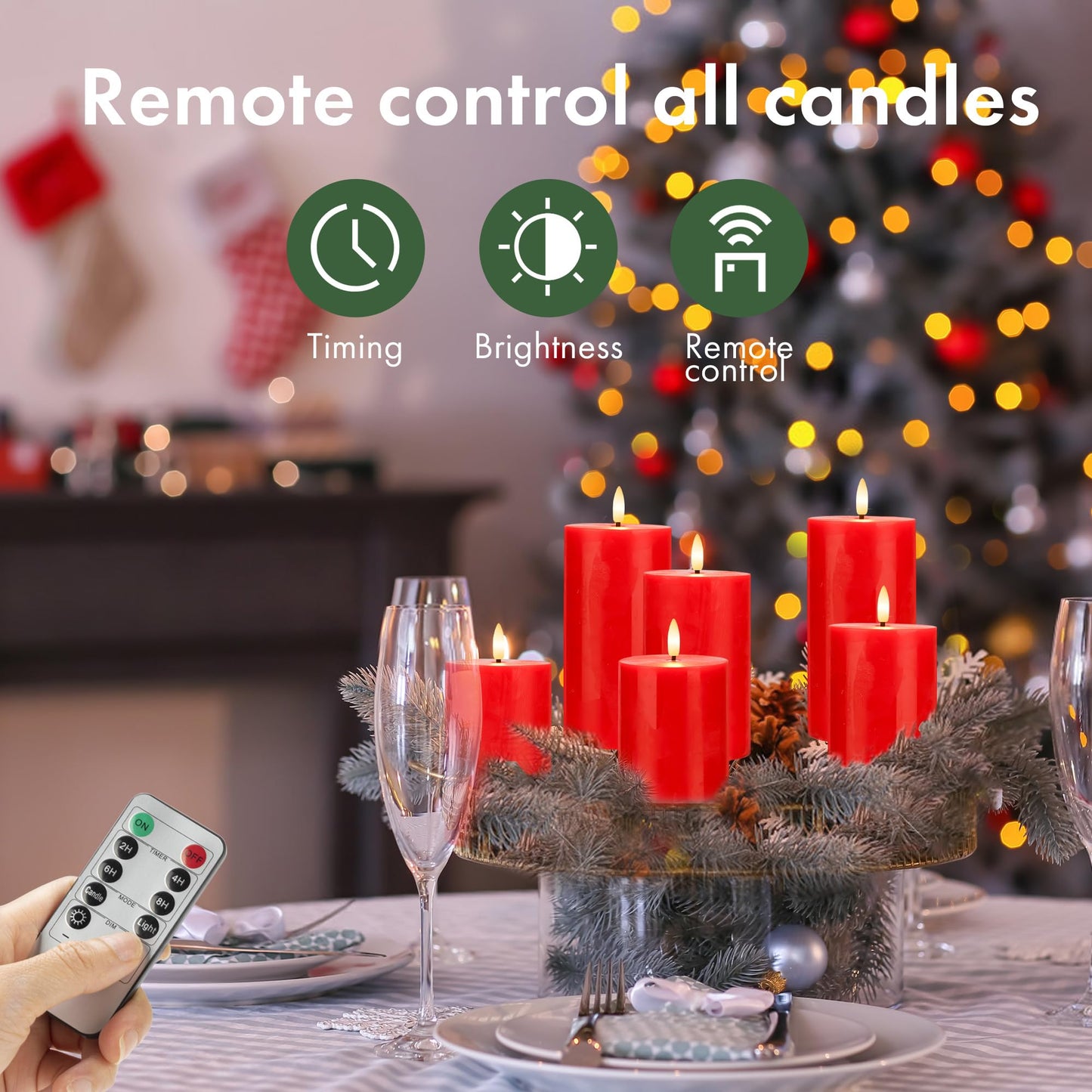 AFINETH Red Flameless Pillar Candles, Battery Operated Wax Candles with Remote, Flat Top Flickering Christmas LED Candle Decorations for Xmas, Home, Party Decor, Set of 4