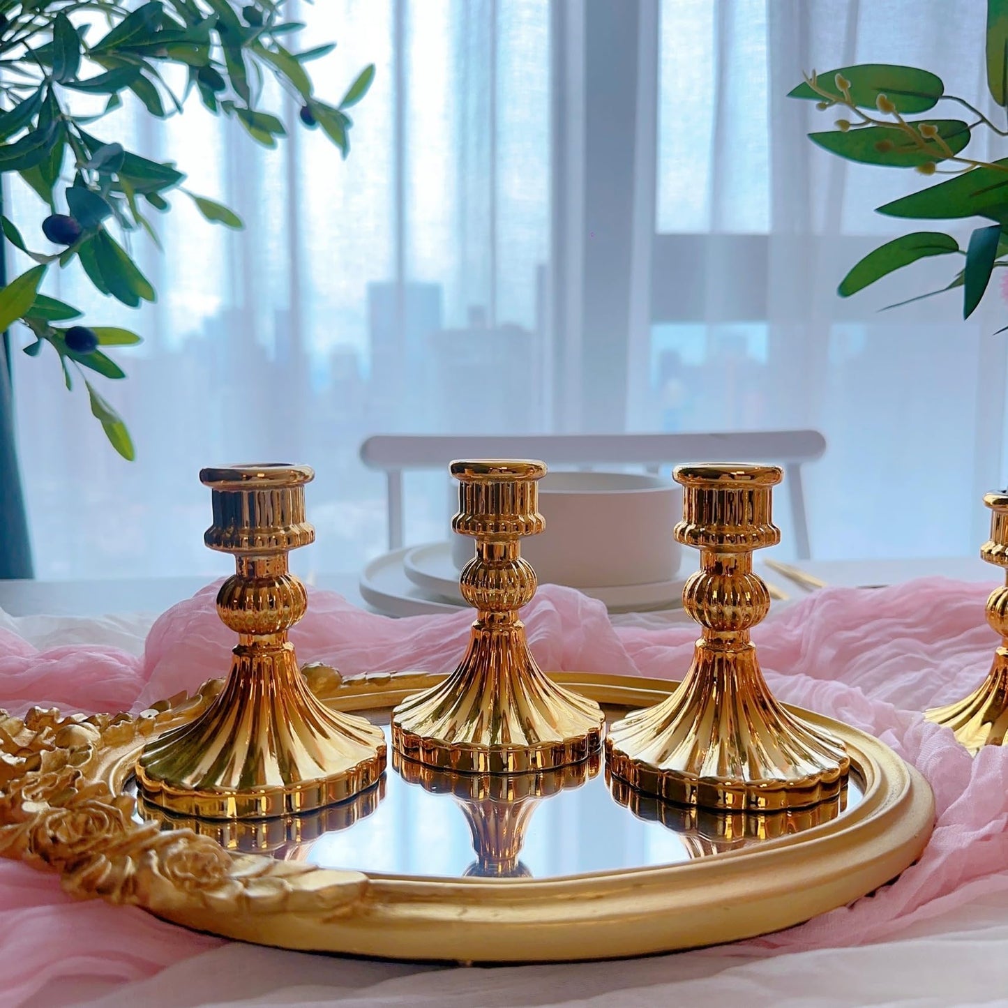 ECHFSM Glass Candlestick Holder,Striped Taper Candle Holders,Set of 6 Candle Stand for Table Centerpieces, Home Decor,Weddings,Festival and Parties (Gold Stripe)