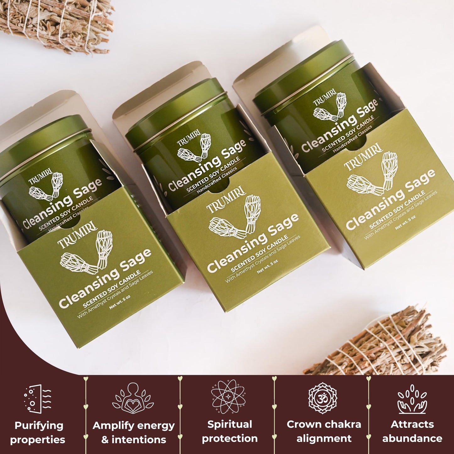 Sage Candle for Cleansing House Negative Energy - Pack of 3 x 5oz Soy Wax Natural Clean Organic Non Toxic - Aromatherapy Spiritual Meditation Gifts - Long Lasting Highly Scented Candel with Crystals