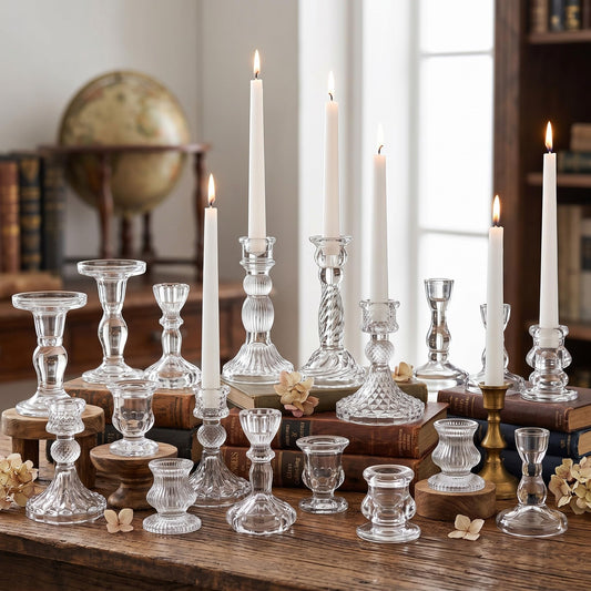 Mumufy 20 Pcs Glass Crystal Taper Candle Holders Clear Glass Candlestick Holder Fit 0.8 Inch Candles Crystal Decorative Candle Stand Centerpiece Table Wedding Dining Party(Clear)