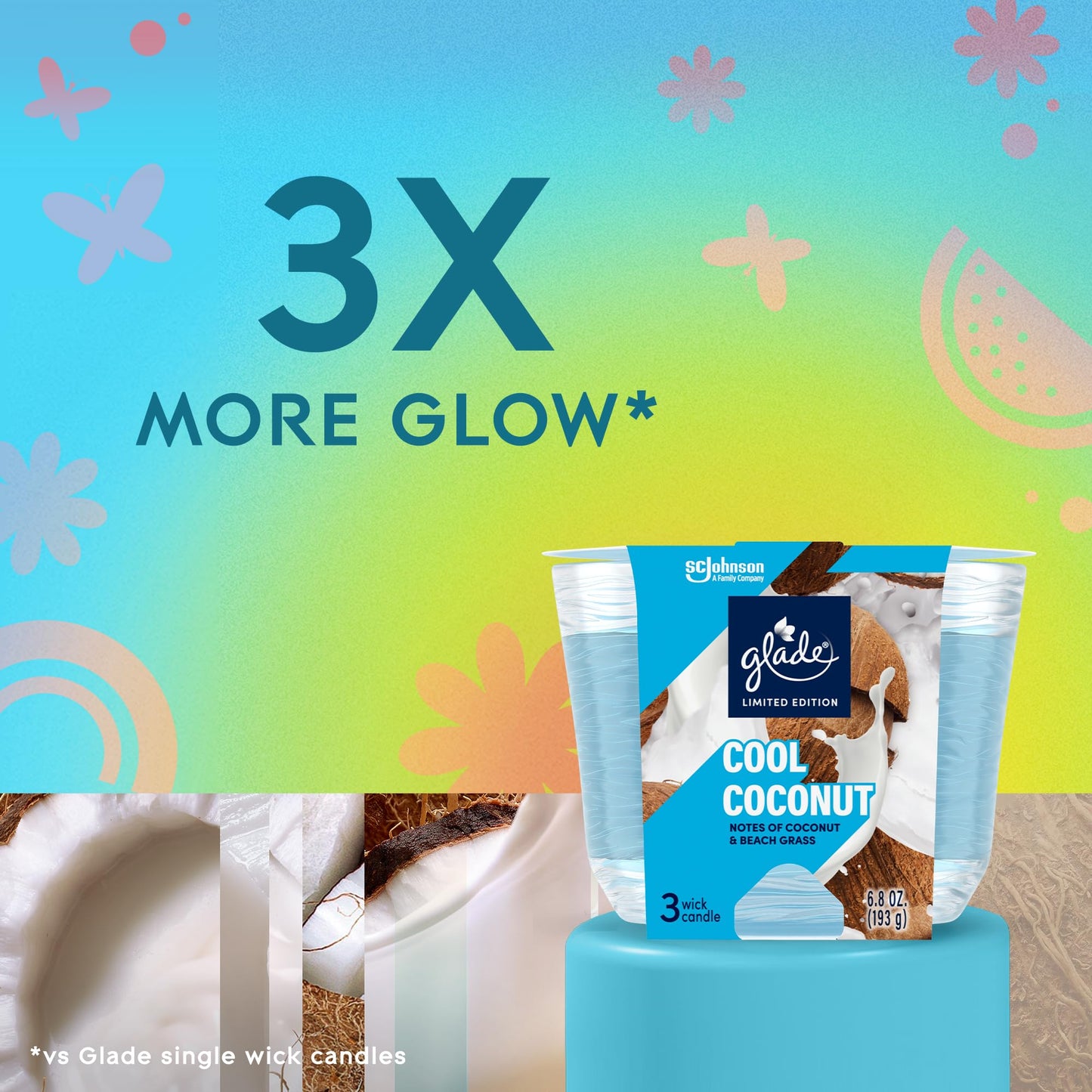 Glade 3-Wick Candle, Cool Coconut Limited Edition, Fragrance Infused with Essential Oils, 6.8 oz