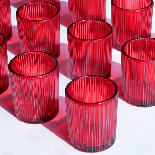VOHO Red Candle Holders Set of 12, Ribbed Glass Votive Candle Holders Bulk for Holiday/Party Decorations, Tea Lights Candle Holder Wedding Centerpieces for Tables