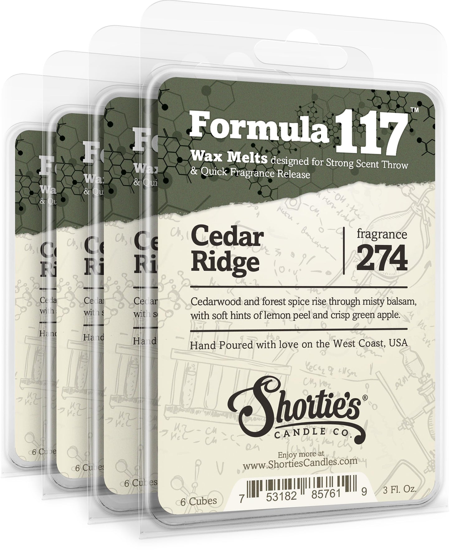 Shortie's Candle Company Cedar Ridge Premium Wax Melts 4 Pack - 12 Oz., Strong & Long Lasting, Non-Toxic - Made with Essential & Natural Oils - Formula 117