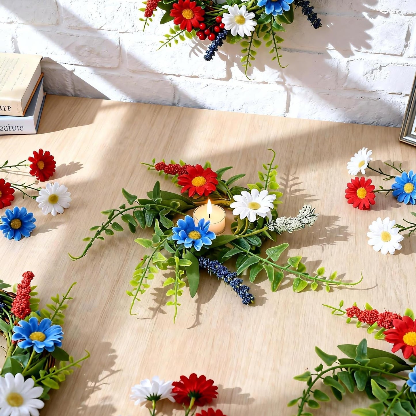 4 PCS Patriotic American Taper Candle Rings Wreaths 1.38" Mini 4th of July Floral Taper Candle Holder with Daisy Artificial Independence Day Table Centerpieces Wreath for Party Home Candlesticks Decor