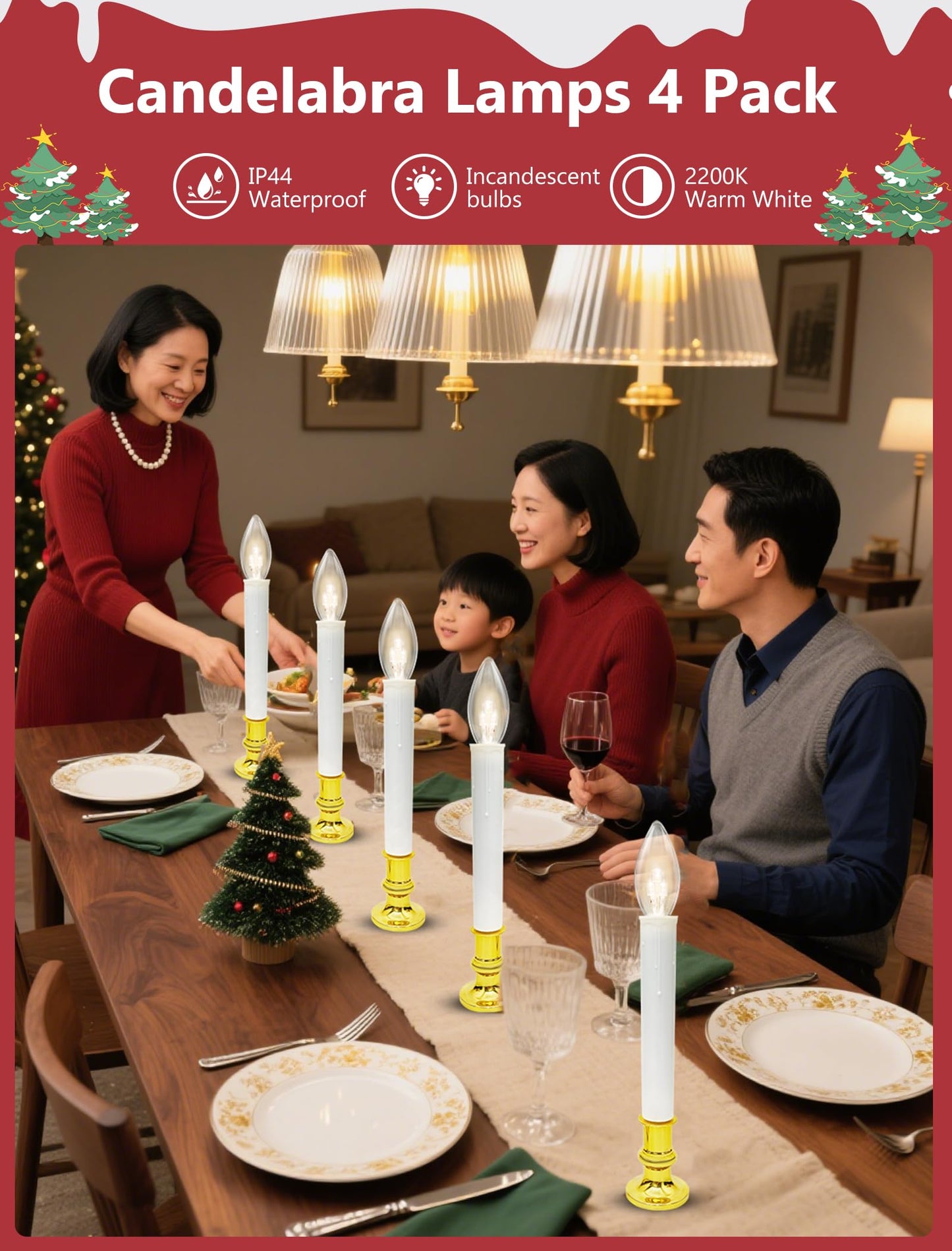 4 Pack Christmas Battery Operated Window Candles with Timer (6-18H), Wireless Window Candle Light with Gold Candlestick Base, C26 LED Bulb Candle Lamp for Home Party Valentines Decor, 4 Suction Cups