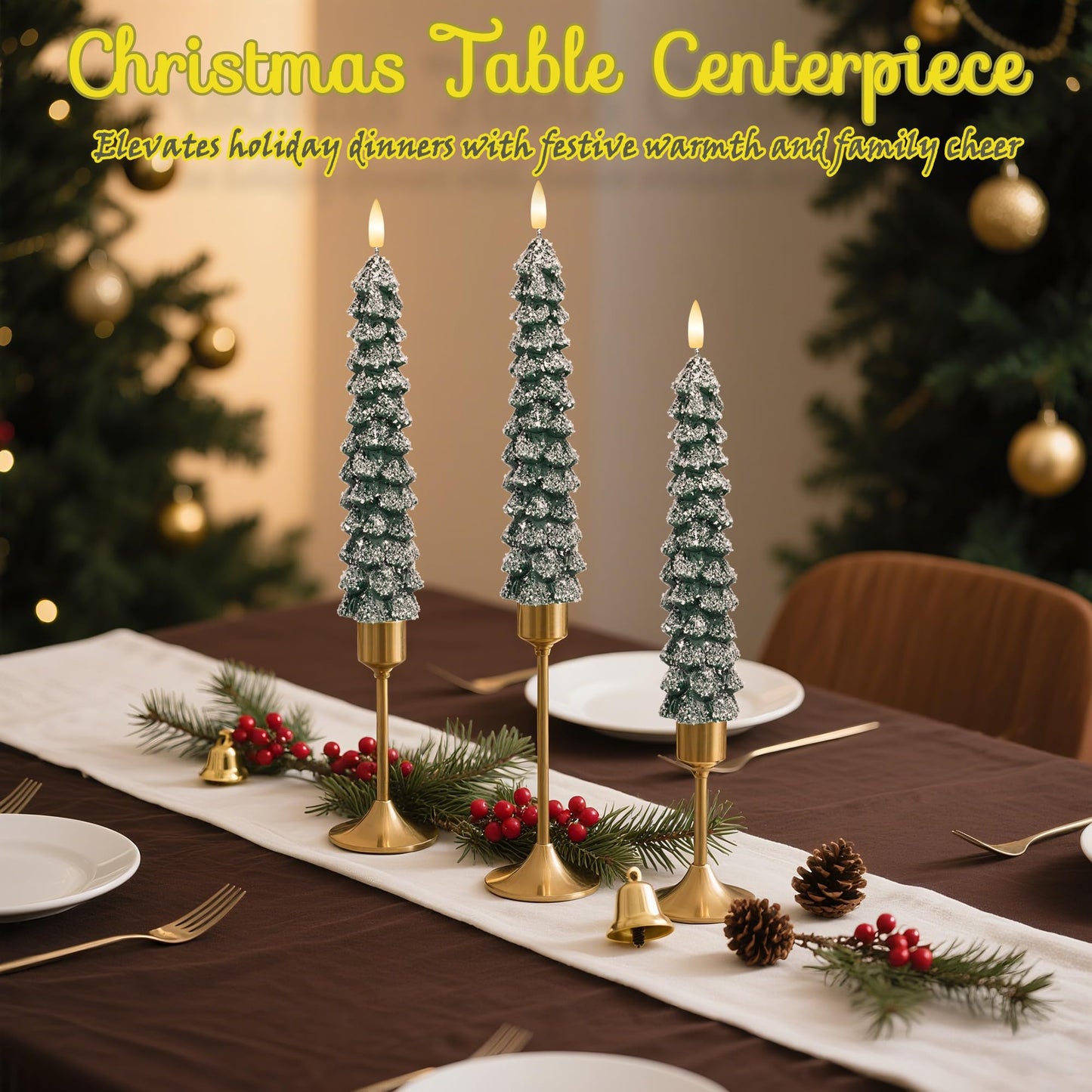 Christmas Tree Flameless Taper Candles with Remote 3 Packs, Battery Operated Real Wax LED Candlesticks with 3D Flickering Flame, Perfect for Holiday, Christmas and Home Decor, Green with Snowflake