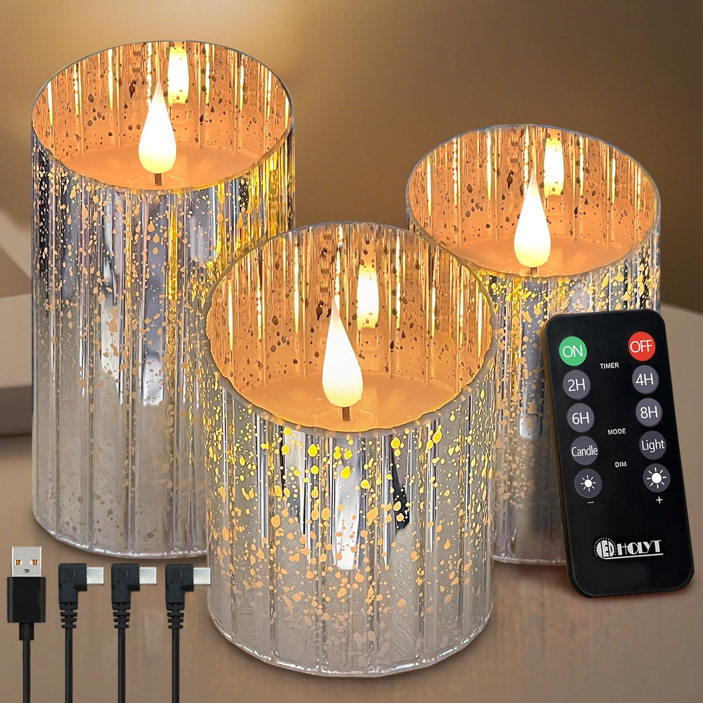 LEDHOLYT Rechargeable Flameless Candle, Flickering LED Pillar Glass Fake Candle with Remote and Timer, Built-in Battery Real Wax Electronic Candle for Room Decoration, Set of 3