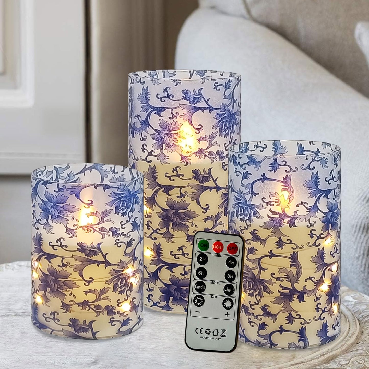 NjaoHoo Floral Flickering Flameless Candles, Recessed String Light LED Candles 3D Wick Acrylic Battery Operated LED Pillar Candles with Remote and Timer for Home Decor Set of 3(Blue & White)