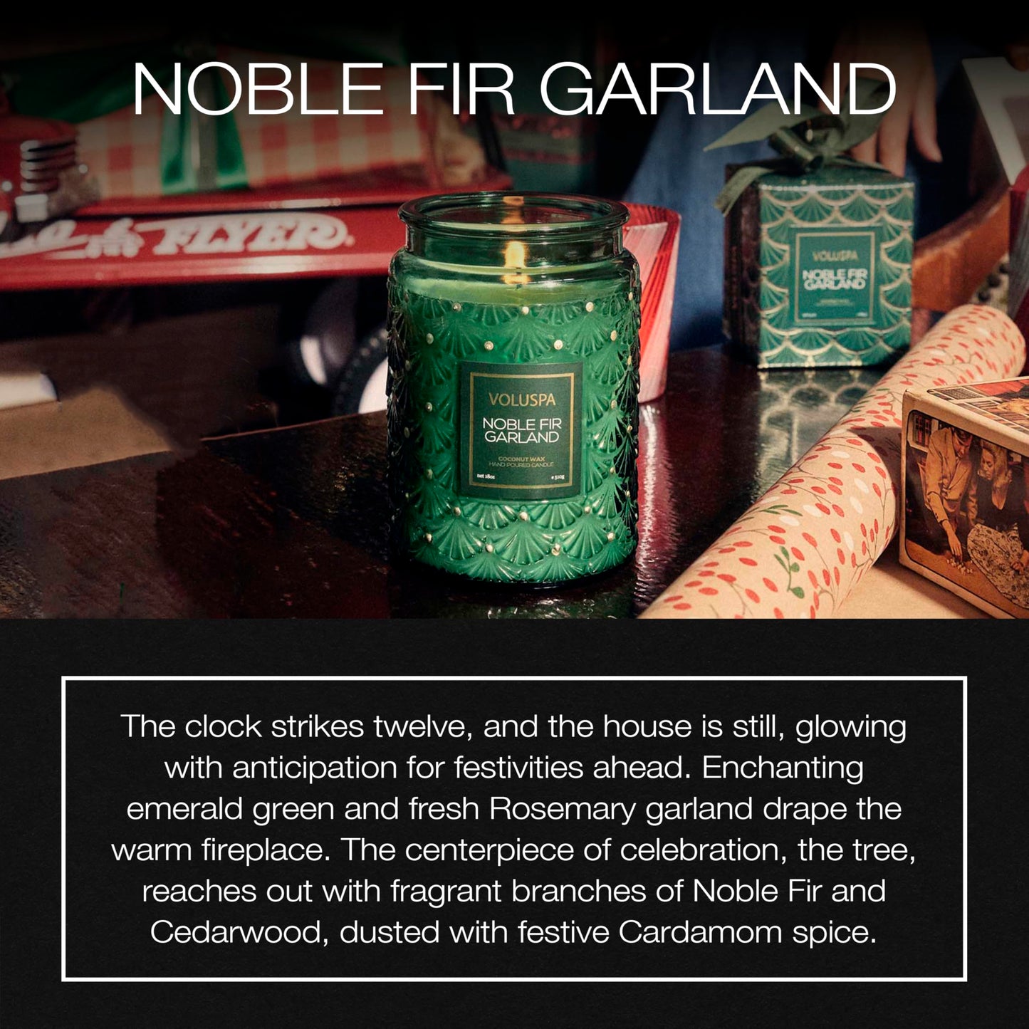 Voluspa Noble Fir Garland, Large Candle Jar, 18oz, Coconut Wax Blend, Scented Candles for Home, 100 Hour Burn Time, Poured in the USA