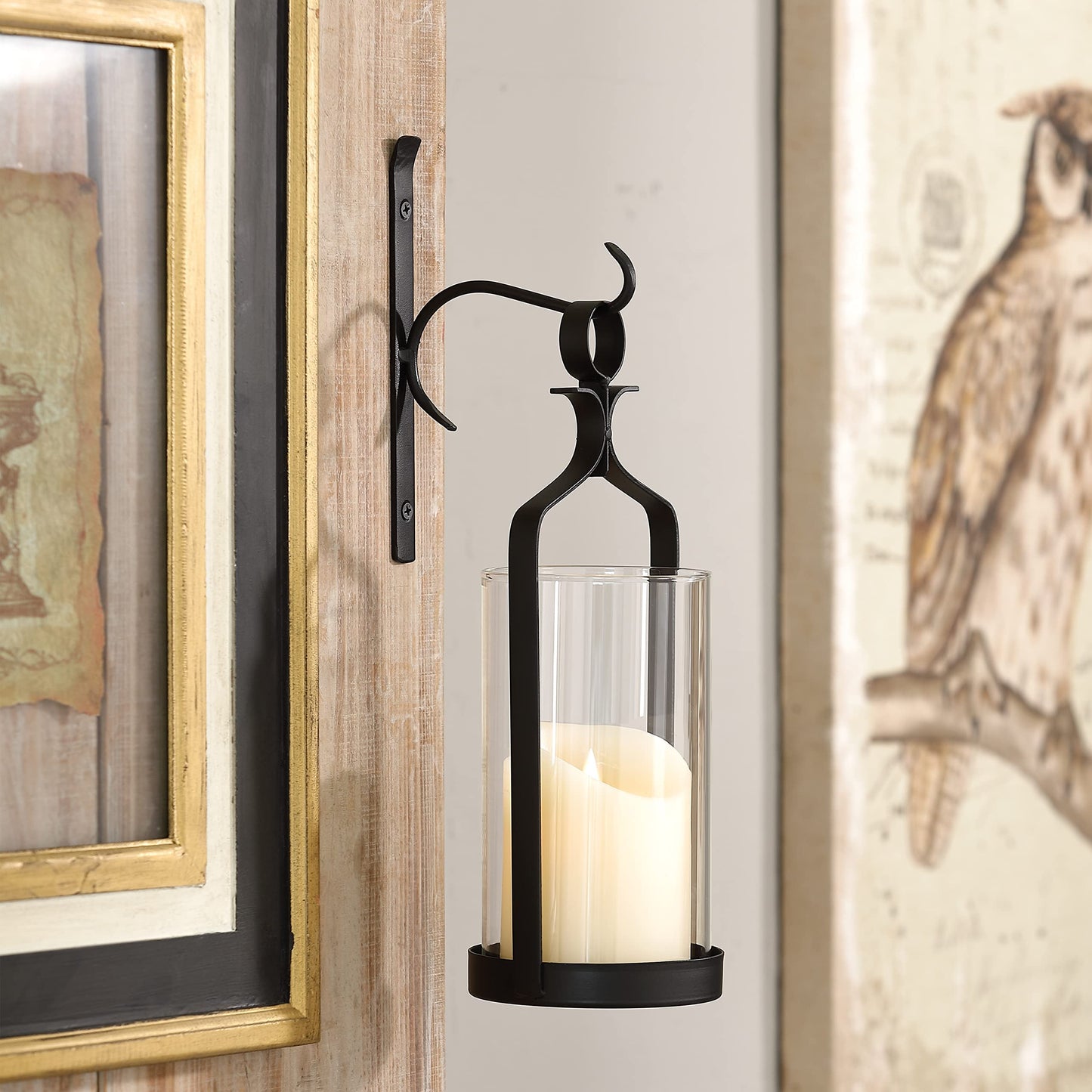 Souliron Hanging Hurricane Glass Wall Sconce Candle Holder Black Metal Wall Decorations Set of 2 HLJ15-291B2