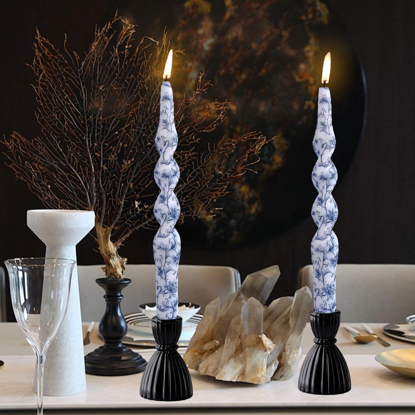 NJAO HOO Floral Taper Candles 10 in Spiral Candlesticks Hand Printed Blue Flower Candlestick Twisted Taper Candle for Home Garden Decor, 2Pcs