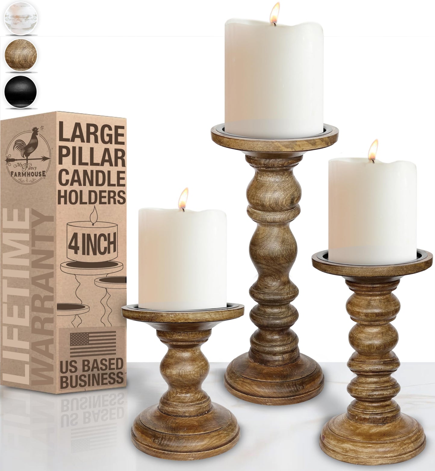 My Fancy Farmhouse Large Wood Candle Holders (Set of 3) - Tall Rustic Pillar Candlestick Stands - Fits 4 inch & 3 inch Pillar Candles - Modern Farmhouse Decor (Walnut Brown)
