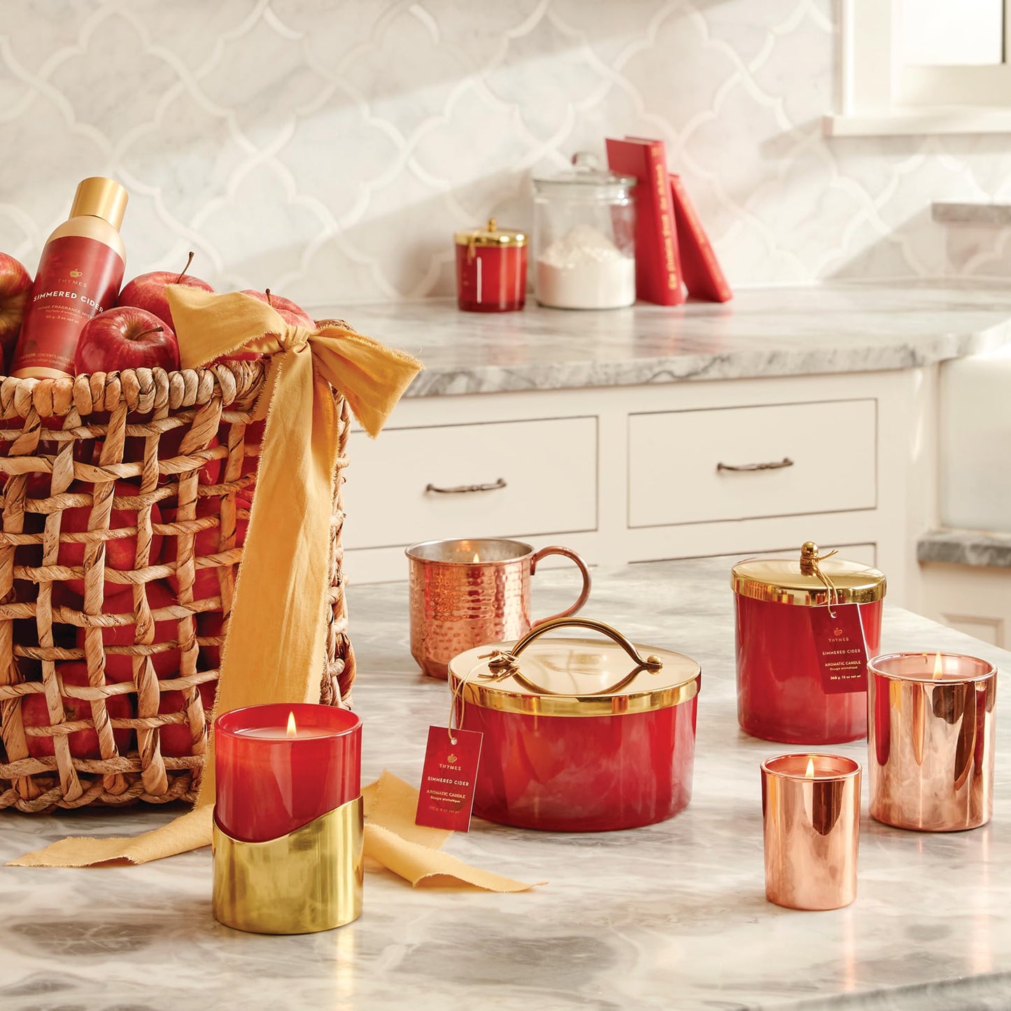 Thymes Scented Candles for Home Decor - Luxury Home Fragrance Gifts for Women & Men - Fall Candles with Warm Notes of Apple, Clove, & Cardamom - Harvest Red (Simmered Cider, 13 oz)