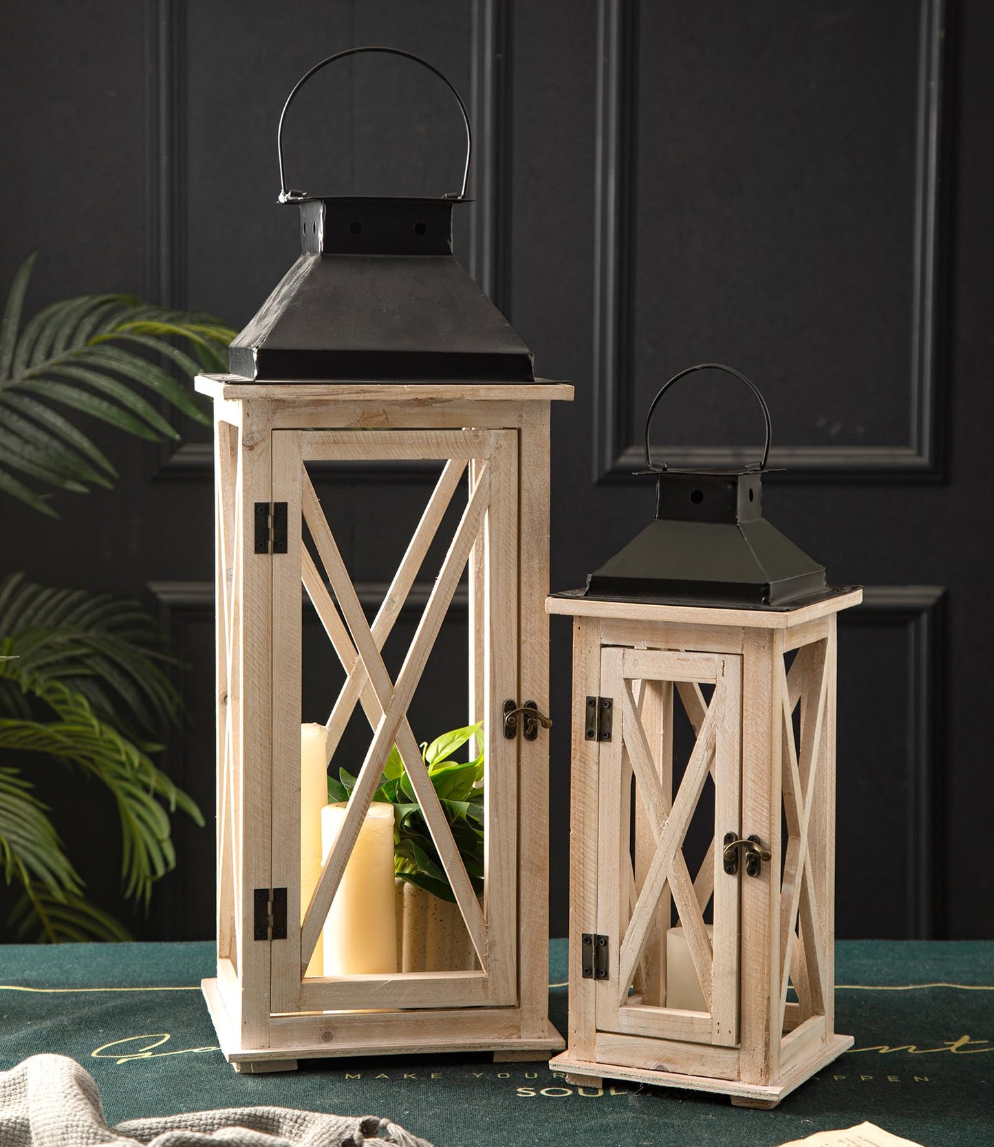 TIMRIS Large Wooden Candle Lanterns Decorative Set of 2, Rustic Farmhouse Whitewash Floor Lanterns, Indoor/Outdoor Hanging Lanterns for Home Decor (No Glass)
