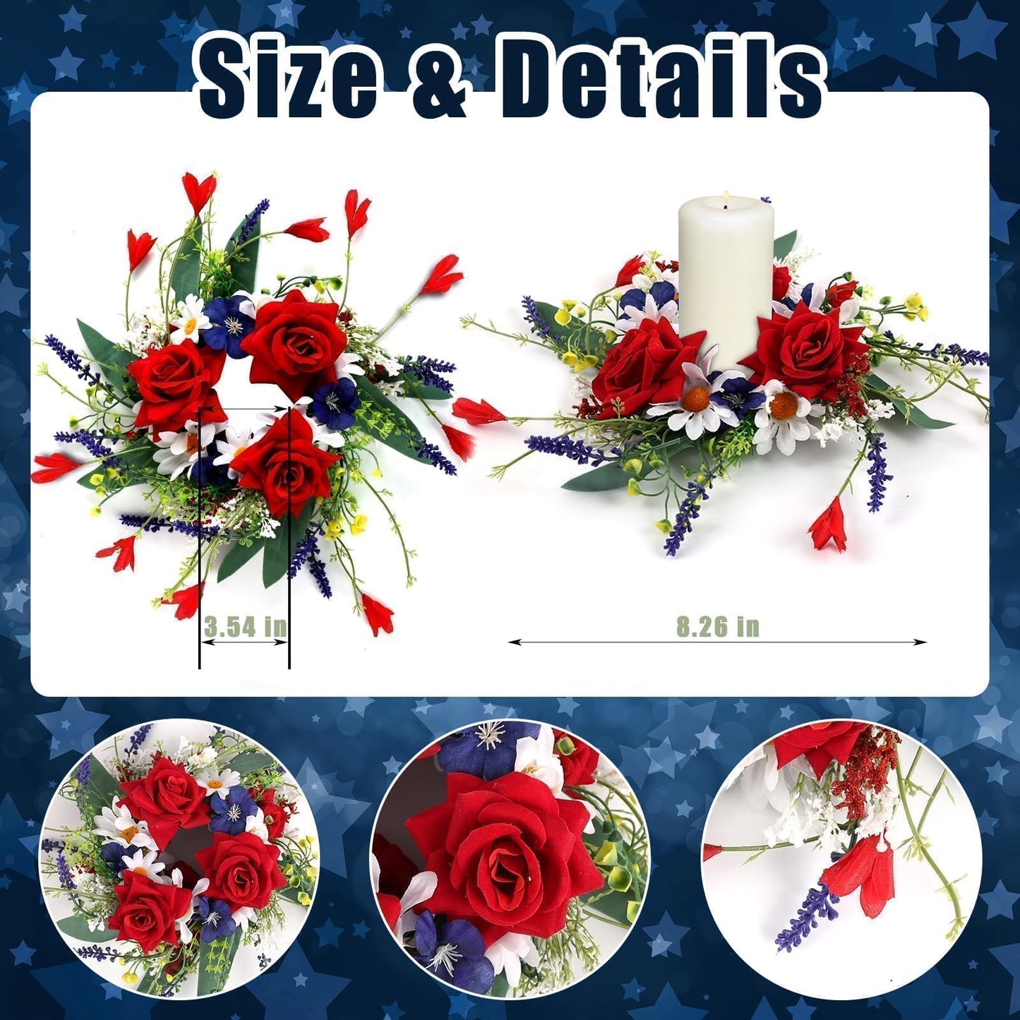 6 Pcs 4th of July Red White and Blue Candle Rings Wreath 3 Inch Patriotic Candle Rings Mini Wreath American Independence Day Rings Wreaths for Table Window Door Decor