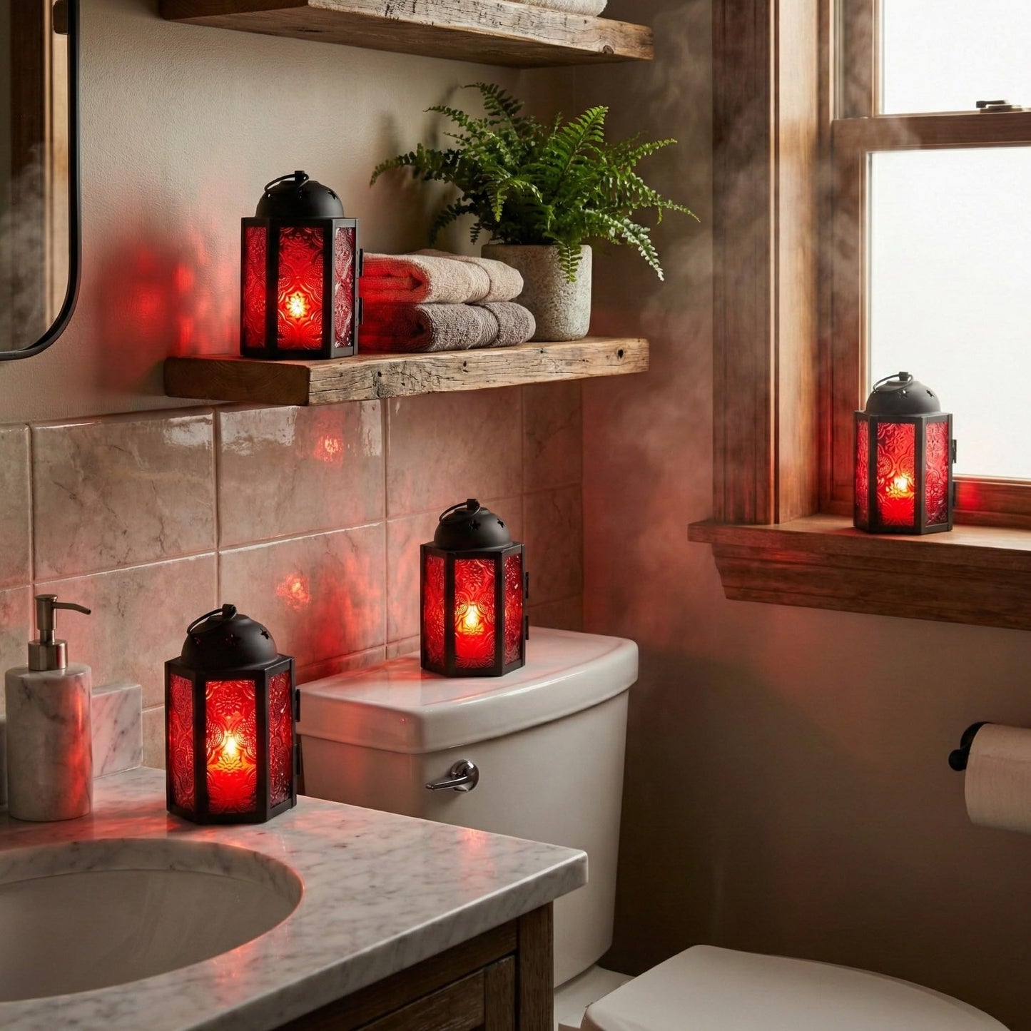 VELA LANTERNS Mini Moroccan Tea Light Candle Holder Lanterns – 4.25" Small Decorative Lantern for Table or Hanging, Metal with Glass Panels – Ramadan, Wedding, Home Decor, Ruby Red (Set of 4)