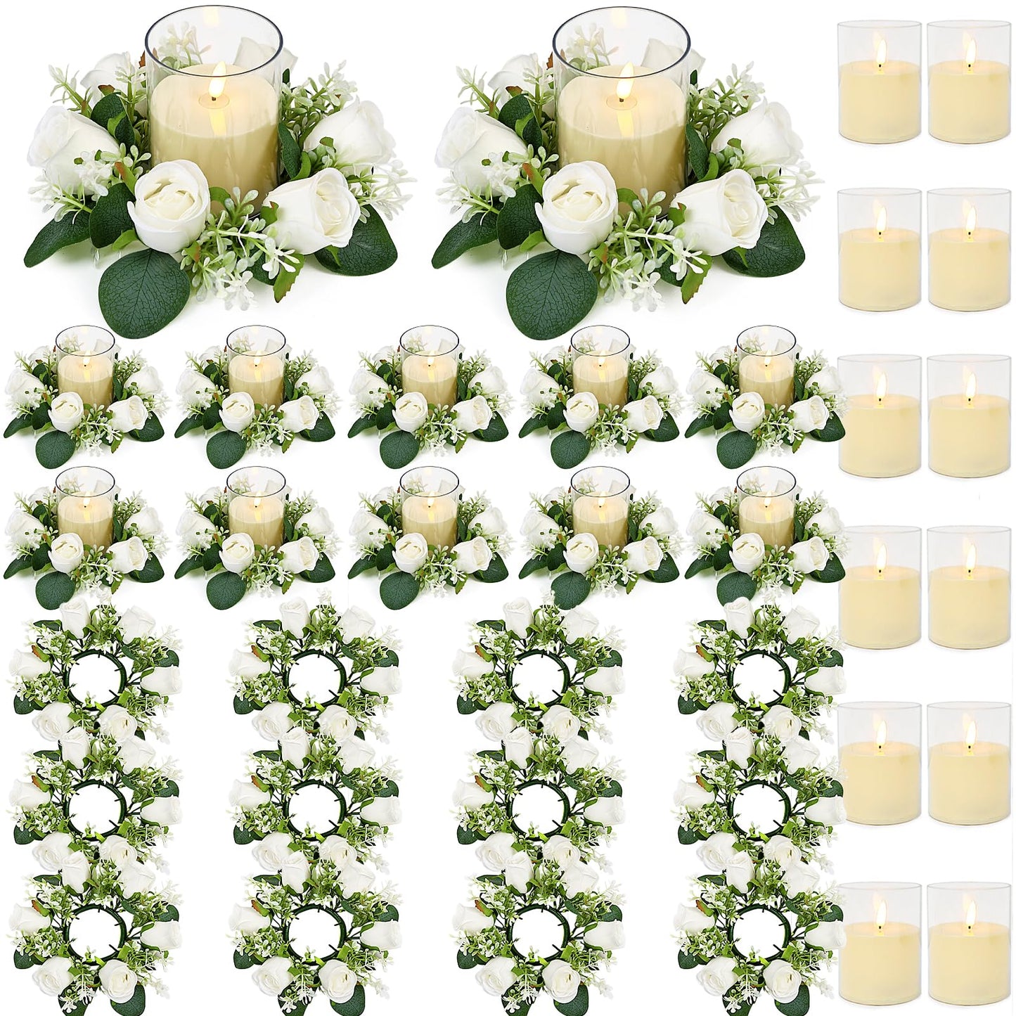 Acmee White Rose Candle Rings with Flameless Candles Sets - 24PCS Artificial Flower Eucalyptus Wedding Centerpiece 3 Inch Pillar Candleholders Wreaths for Wedding Party Decor (White - 12 Sets)