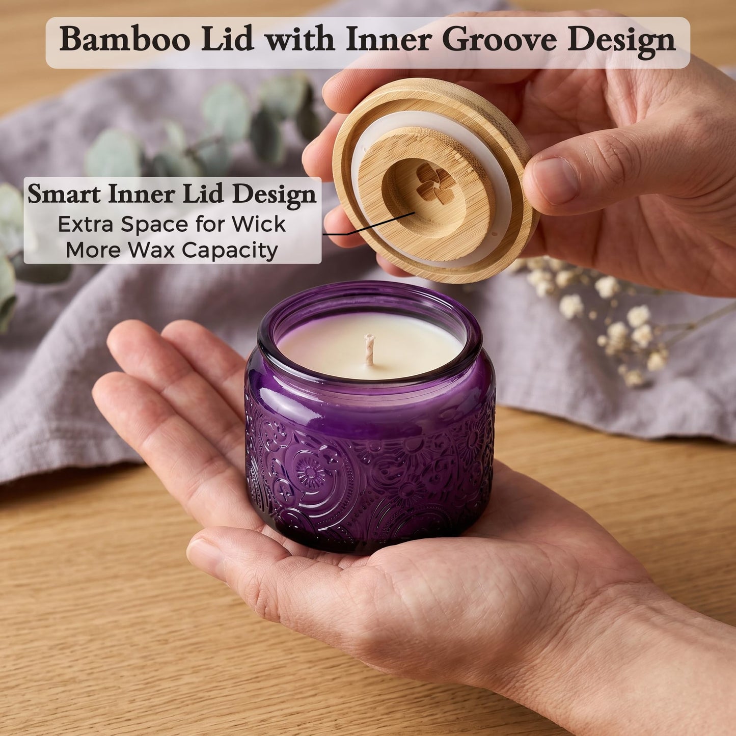 18-Pack 4oz Embossed Glass Candle Container with Bamboo Lids and Labels, Clear Candle Jars for Making Candles, Sun Moon Star Design (Purple)