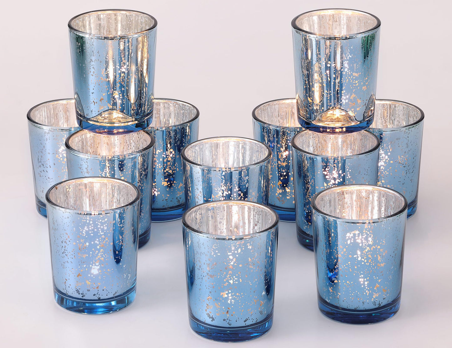 Volens Blue Votive Candle Holders Bulk, Mercury Glass Tealight Candle Holder Set of 12 for Wedding Centerpiece Table Decorations, Bridal Shower and Home Decor