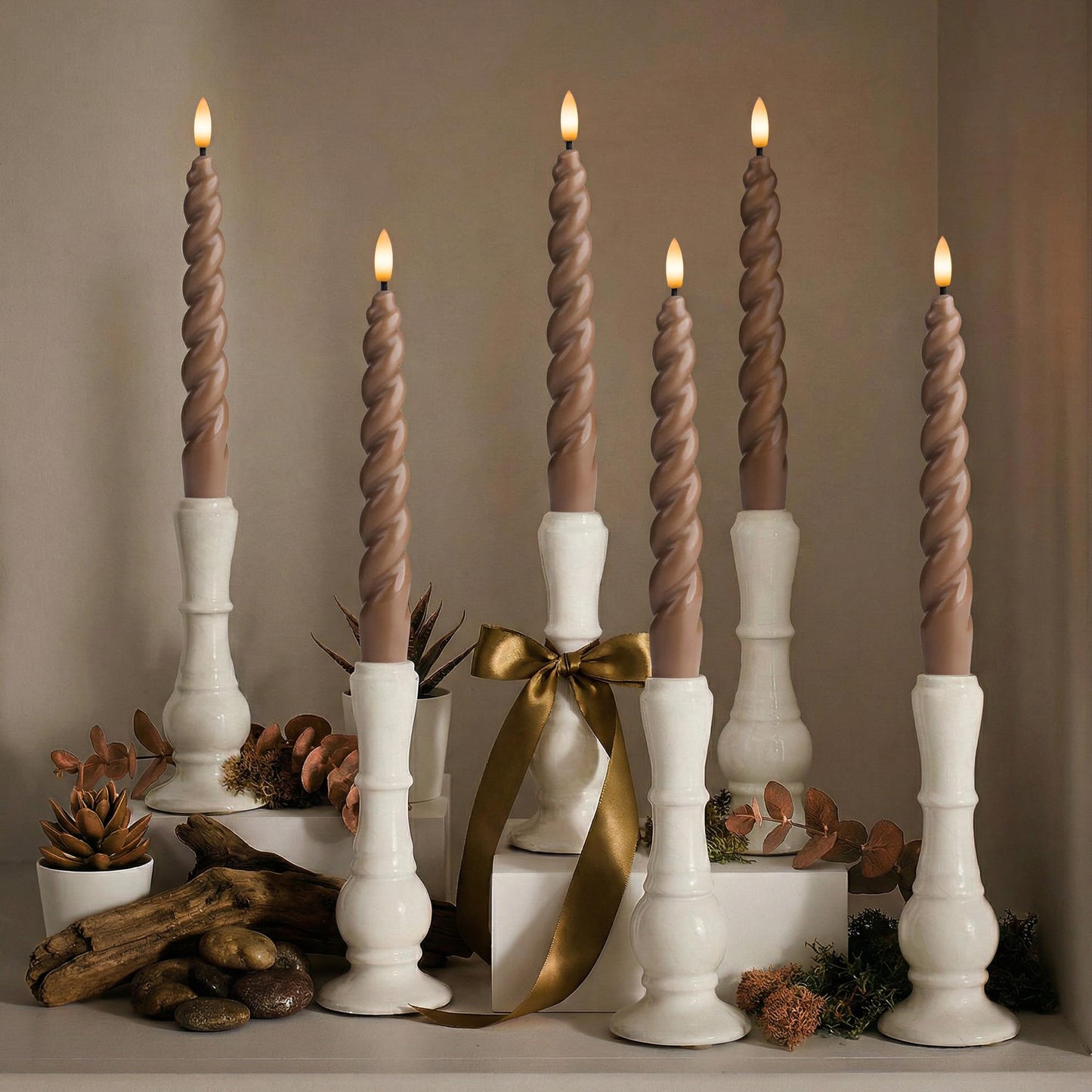 WYZworks 10" Flameless LED Taper Candles – Full Twisted Spiral – Brown, Set of 6 – Remote, 2/4/6/8-Hr Timer (24-hr Memory), Bottom On/Off Button, Dimmable, Battery Operated, Flicker/Steady