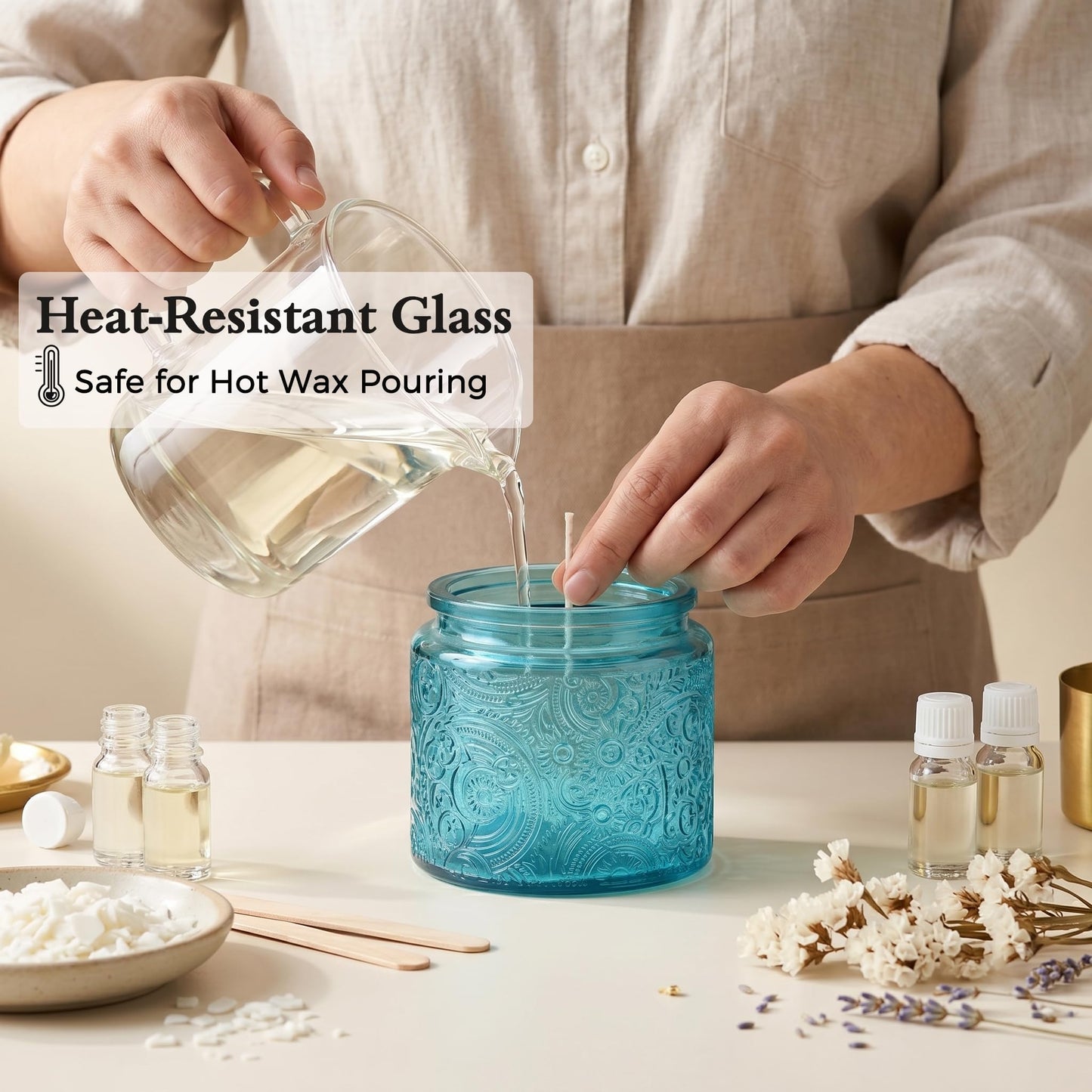 10 oz Embossed Glass Candle Container with Bamboo Lids and Labels, Clear Candle Jars for Making Candles, Sun Moon Stars Design - Pack of 9 (Blue)