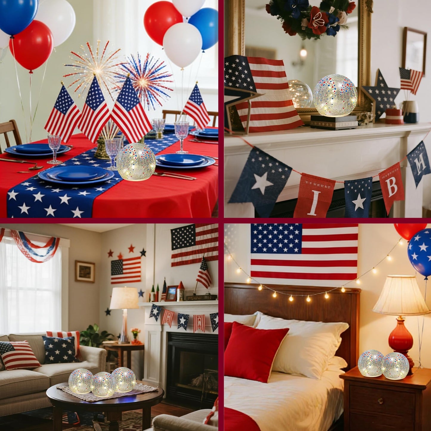 3PCS Independence Day Decorative Lights, 3.93-inch Independence Day Desktop Decoration LED Night Light, Cracked Glass Ball Light with Timer, 4th of July Decoration (Small Five-Pointed Star)