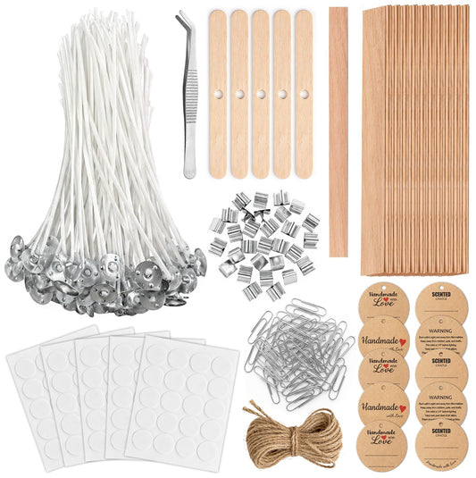 Candle Wicks for Candle Making Kit Supplies, 130 Pcs with 100 Cotton & 30 Crackling Wood Wicks for Soy Beeswax Candles, Holders & Stickers, Handmade Gifts Set (6 inch)