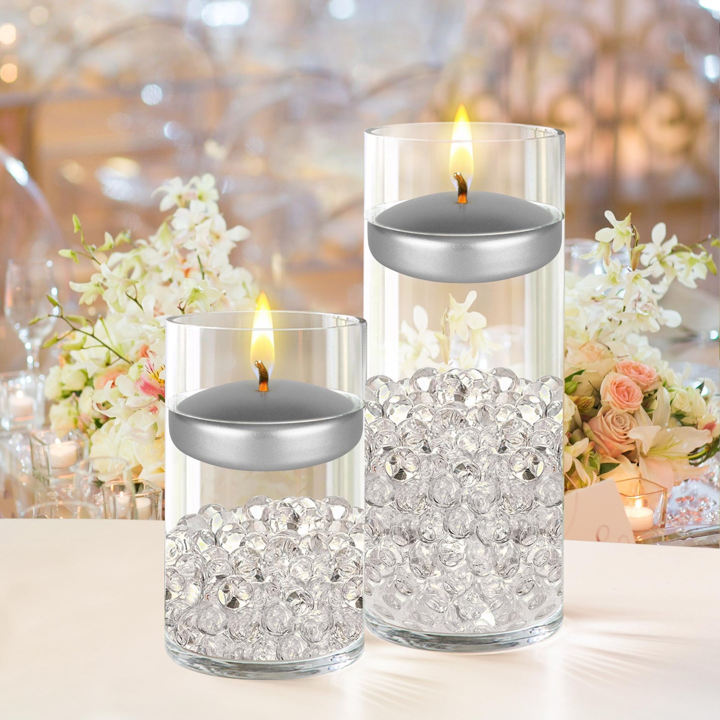 Mega Candles 4 pcs Unscented Silver Floating Candles, Hand Poured Wax Candle 3 Inch Diameter, Home Décor, Wedding Receptions, Occasions, Festivities, Events, Meditations, Tranquility, Spa