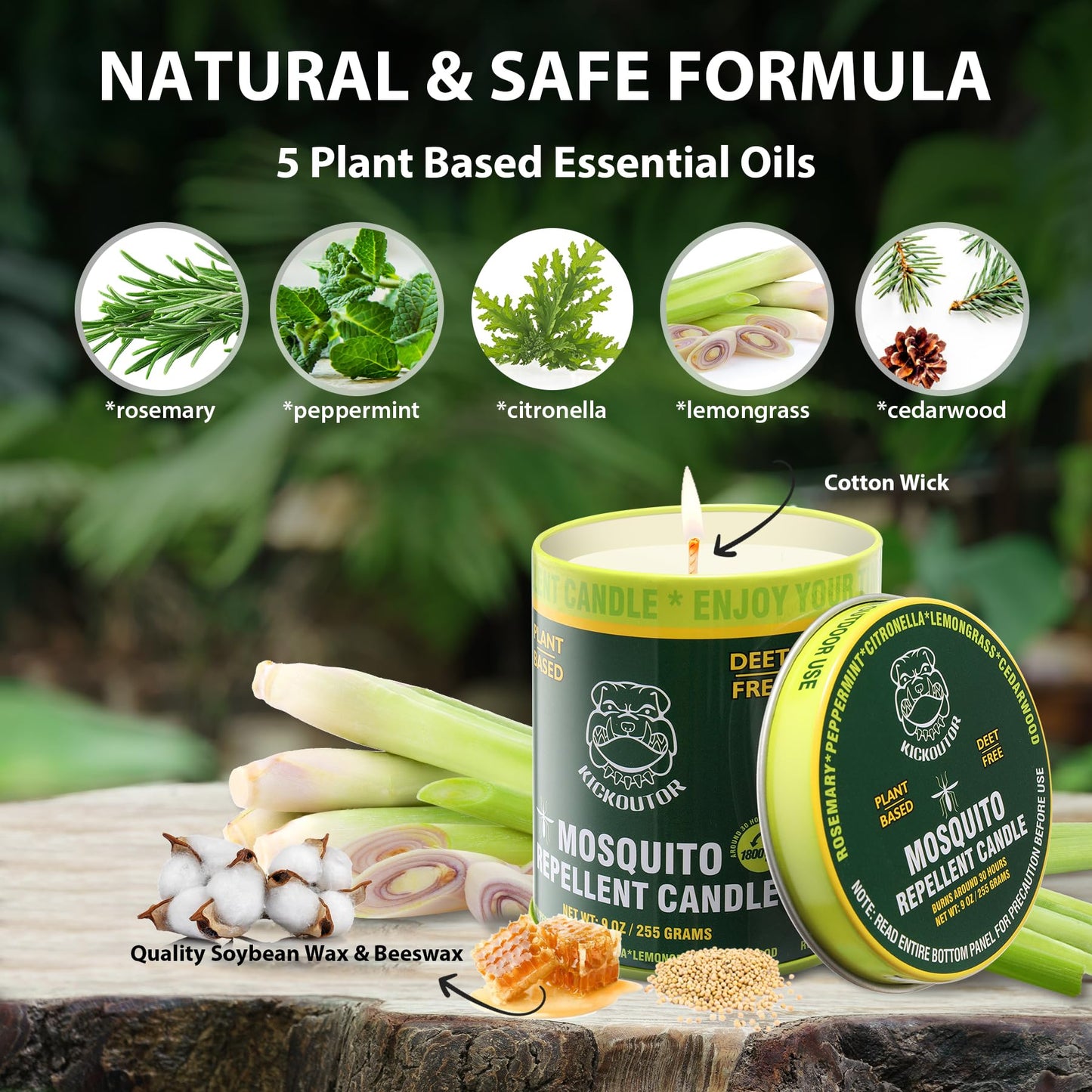 KICKOUTOR® Mosquito Repellent Citronella Candles Outdoor, 2-Pack | Total 18 Ounce 60-Hour DEET-Free Bug Protection for Patio Camping Picnic Backyard Room, Infused with 5 Plant Essential Oils