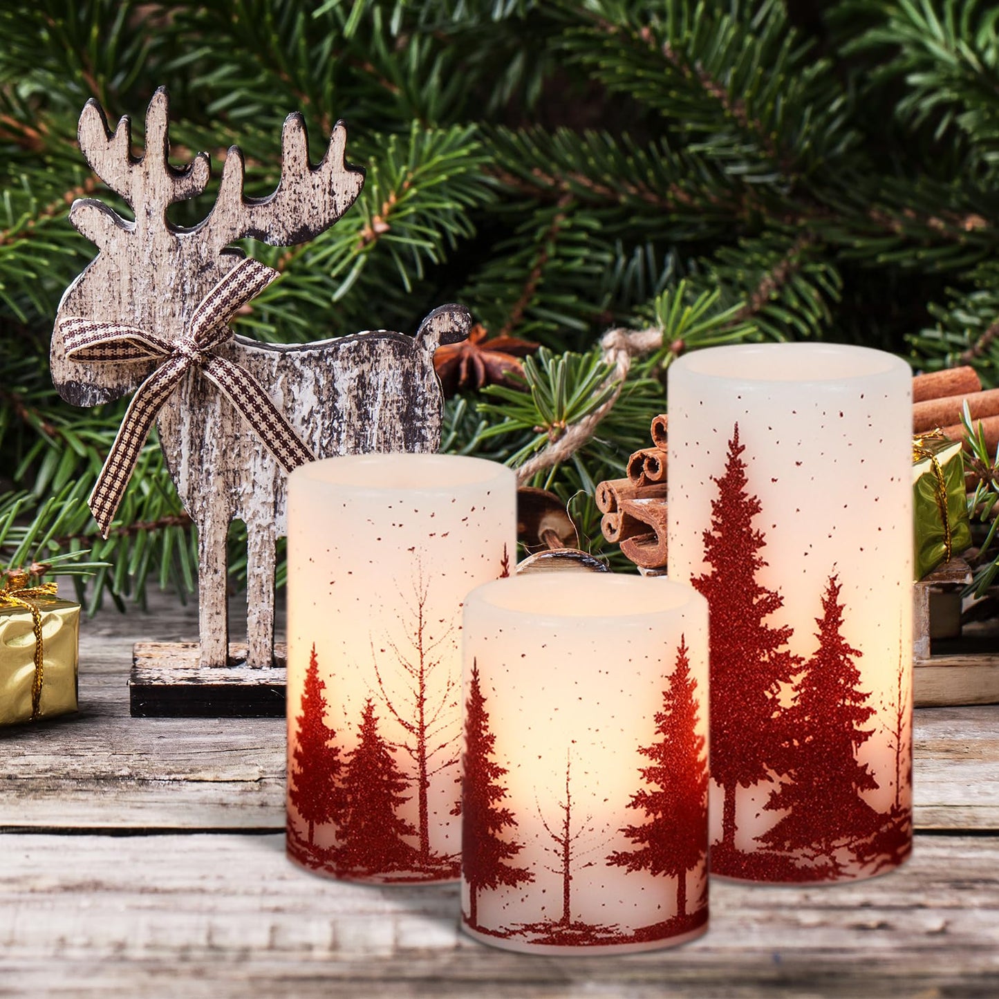 GenSwin Christmas Flameless Candles with Timer, Red Christmas Tree LED Flickering Candles Real Wax, 3 Pack Pillar Fake Candle for Winter Indoor Fireplace Christmas Decor Table(D3” x H4”5”6”)
