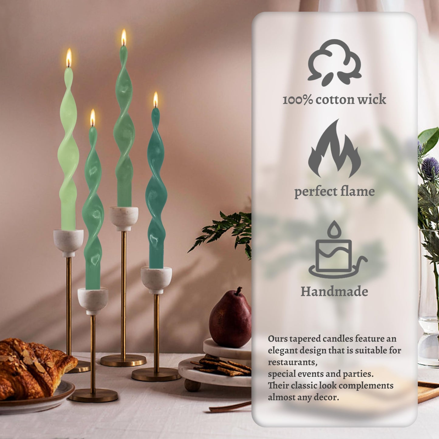 Smokeless Spiral Candles Gradient Green 10 Inch Long Twisted Candles Handmade Unscented Dinner Taper Candles for Wedding Decoration Christmas Gifts