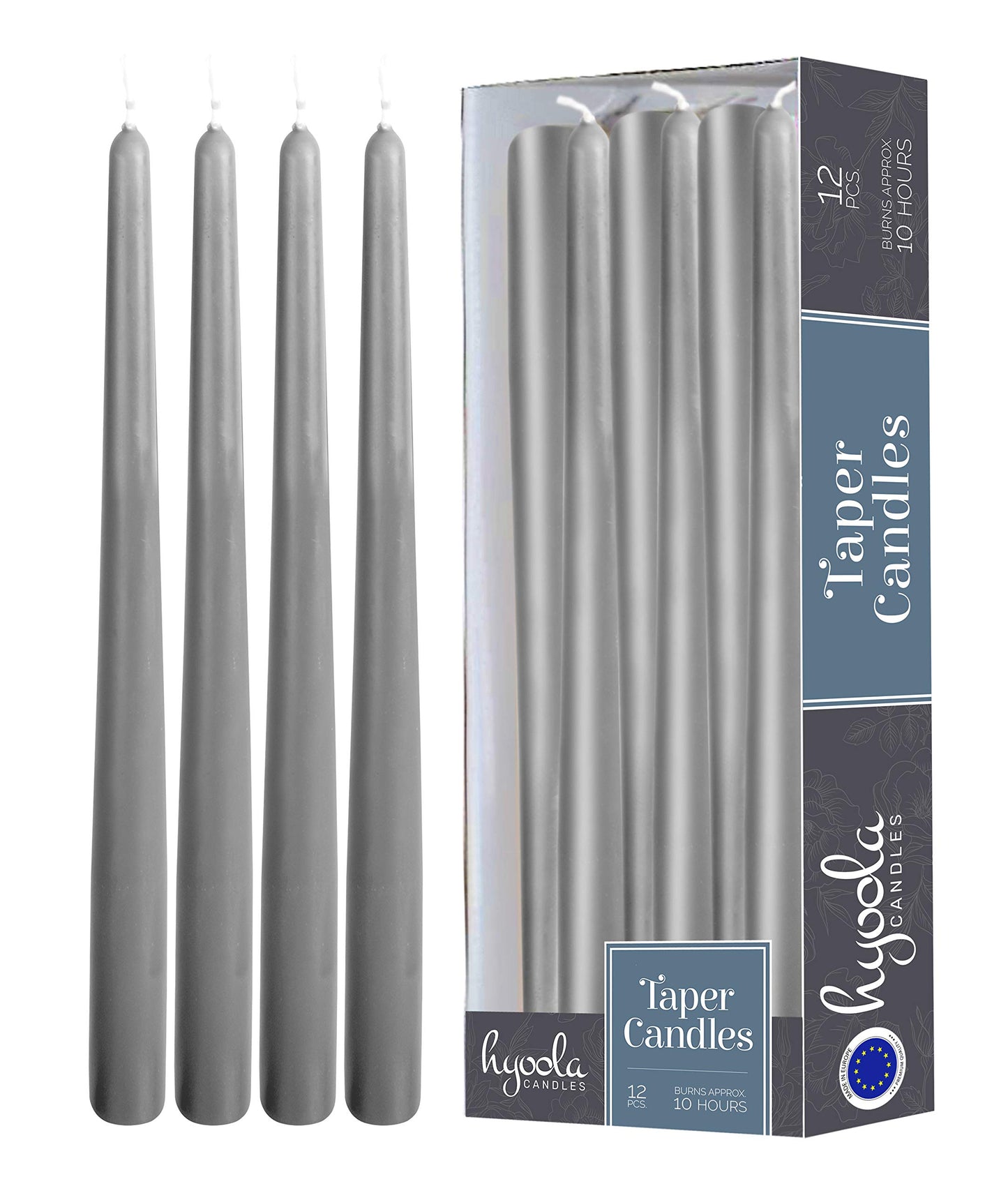 Hyoola Tall Taper Candles - 12 Inch Dark Grey Dripless, Unscented Dinner Candle - Paraffin Wax with Cotton Wicks - 10 Hour Burn Time (Pack of 12)