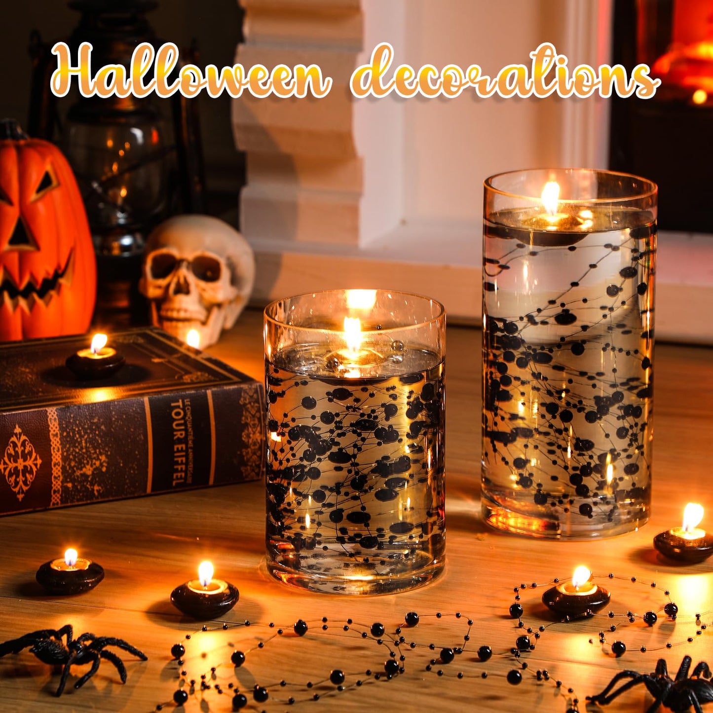 Fumete 40 Pcs Black Floating Candles with Pearl Strings, Small Unscented Floating Candles Centerpiece for Night Events, Gothic Party Table Decor, Wedding, Anniversary, Birthday, Modern Home Decor