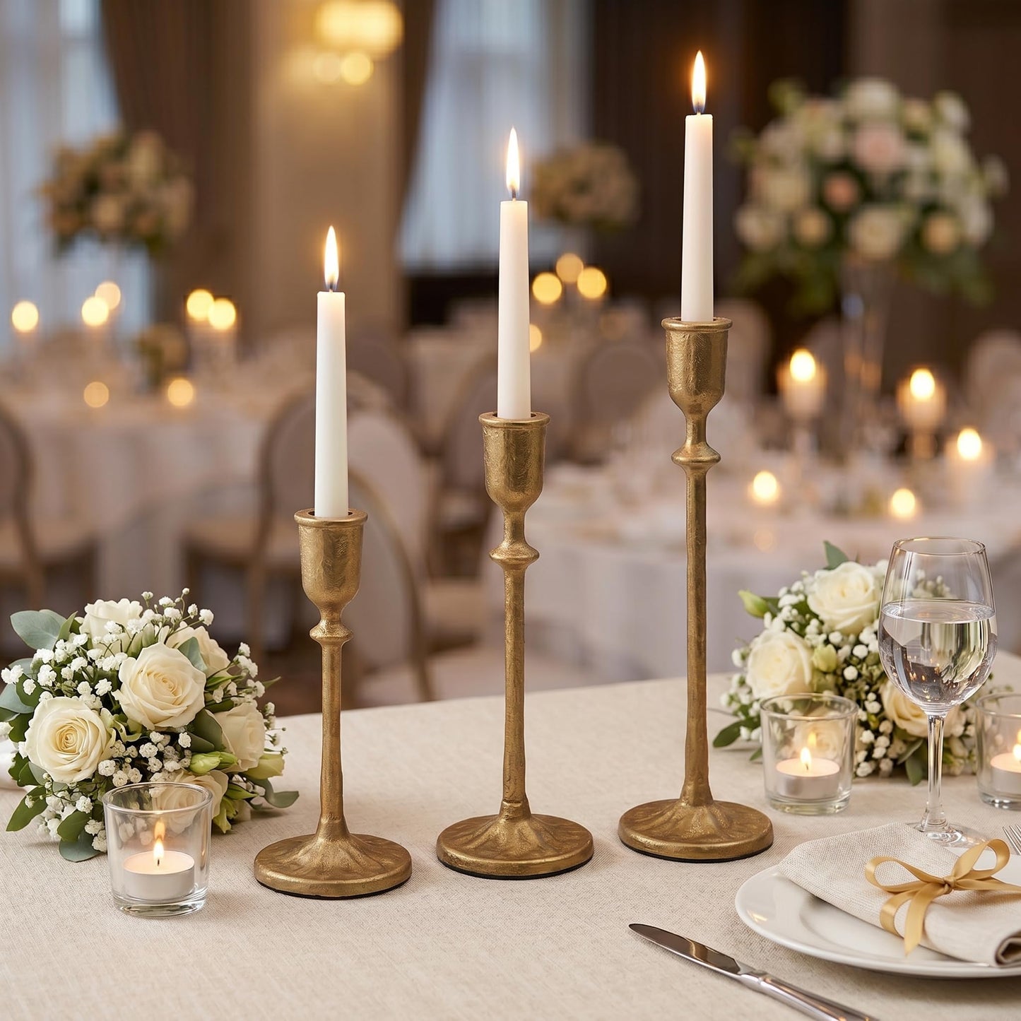 PUKUPIG Candlestick Holders, Set of 3 Taper Candle Holders with Heavy Duty Weighted Base, Matte Brass Gold Metal Stands for Wedding, Mantel & Table Decor, Fits 3/4" & 7/8" Candles
