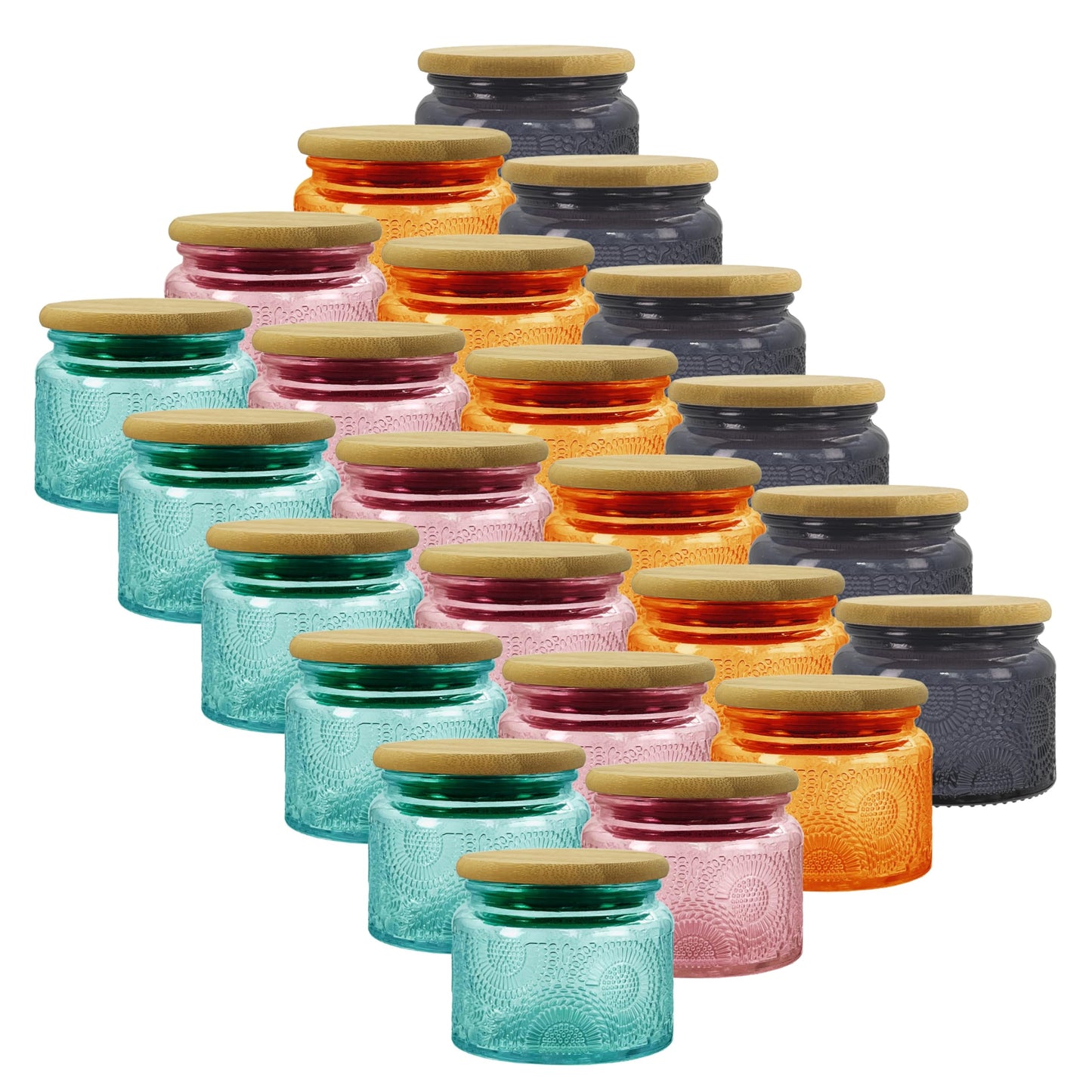 LINGSHINE 4 oz Decorative Mini Glass Jars with Bamboo Lids (24 pack, 4 Colors)