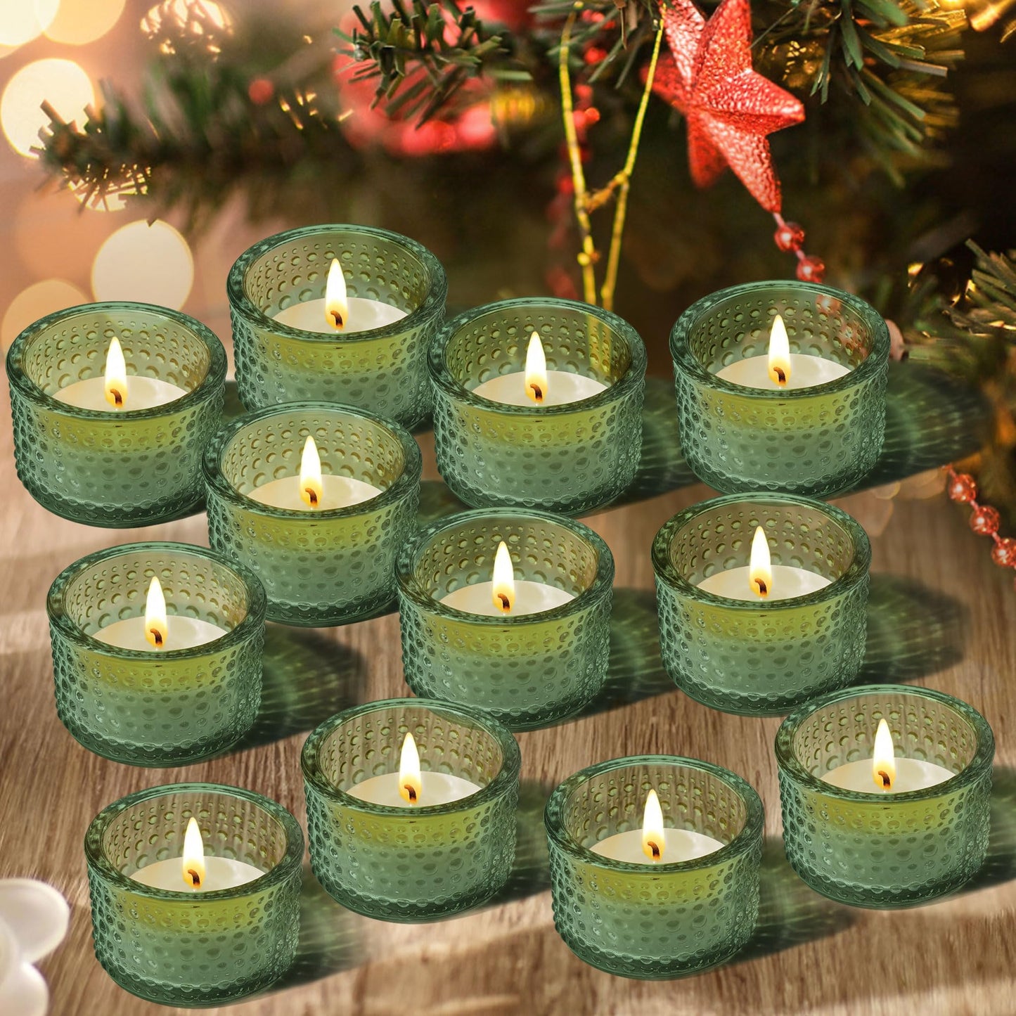 JOYIT Green Votive Candle Holders Bulk Set of 12, Tealight Candle Holder for Wedding Table Centerpiece, Glass Small Candle Holders for Birthday Party, Valentine's Day, Home Decor (2''X 1.4'')