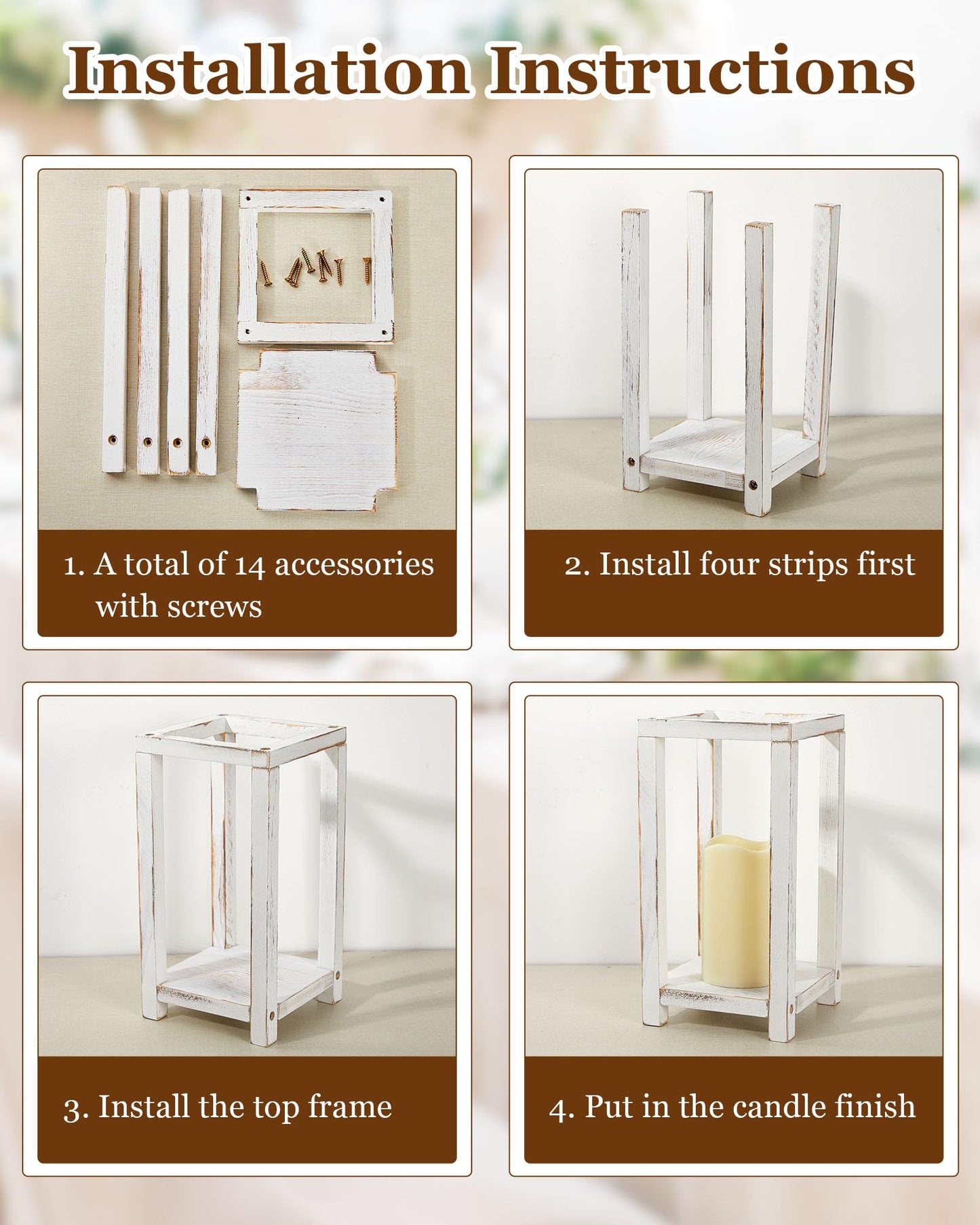 Huquary 8 Pcs Wooden Wedding Lantern Centerpiece for Table Decoration Includes 4 Farmhouse Candle Holder and 4 Flameless Decorative LED Candles for Rustic Home Wedding Decor(White)