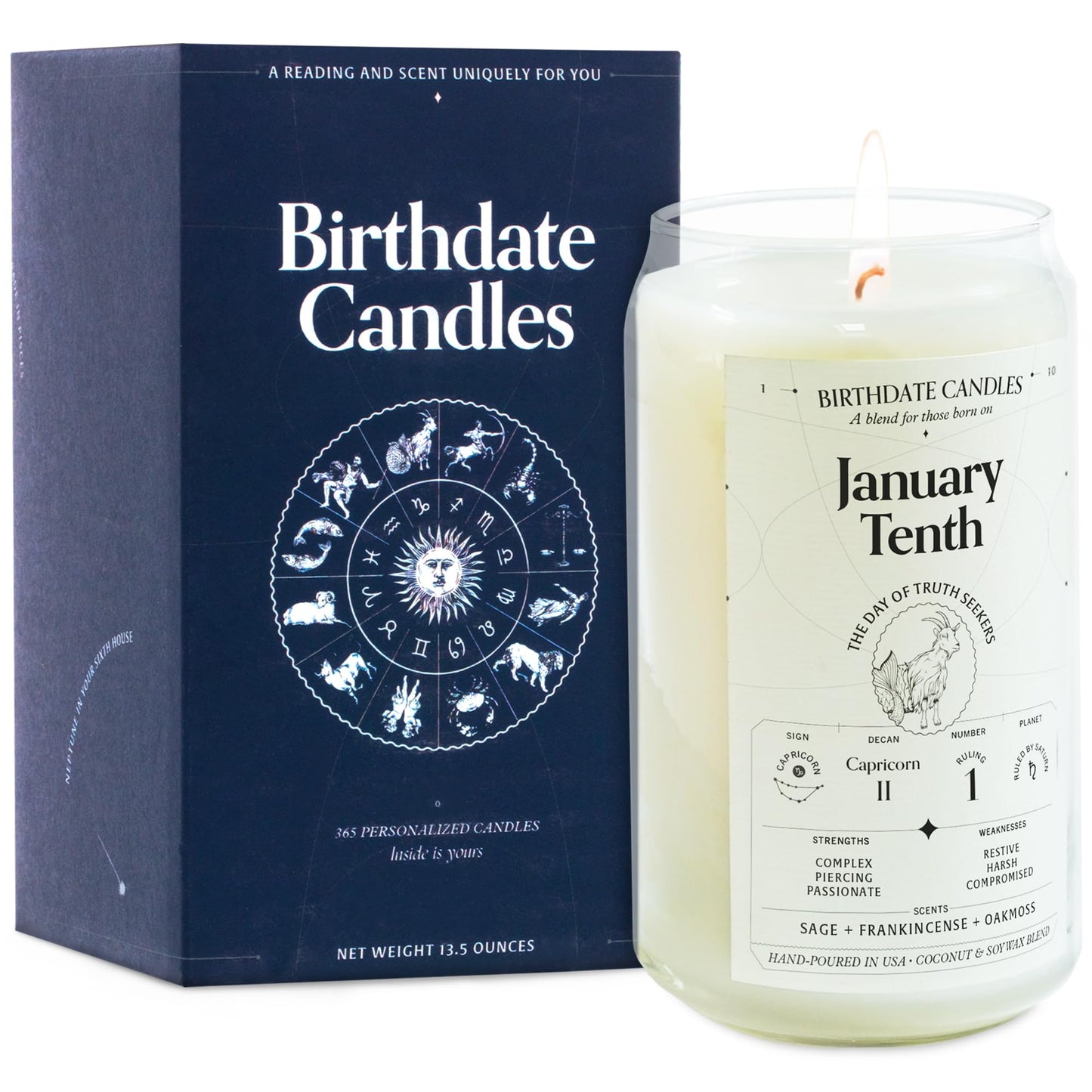 Birthdate Candles, January 10 - Capricorn Zodiac Scented Candles Birthday Gift - Sage, Frankincense & Oakmoss Scent - All-Natural Soy & Coconut Wax, 60-80 Hour Burn Time - Made in USA