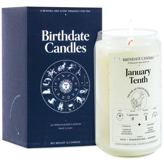 Birthdate Candles, January 10 - Capricorn Zodiac Scented Candles Birthday Gift - Sage, Frankincense & Oakmoss Scent - All-Natural Soy & Coconut Wax, 60-80 Hour Burn Time - Made in USA