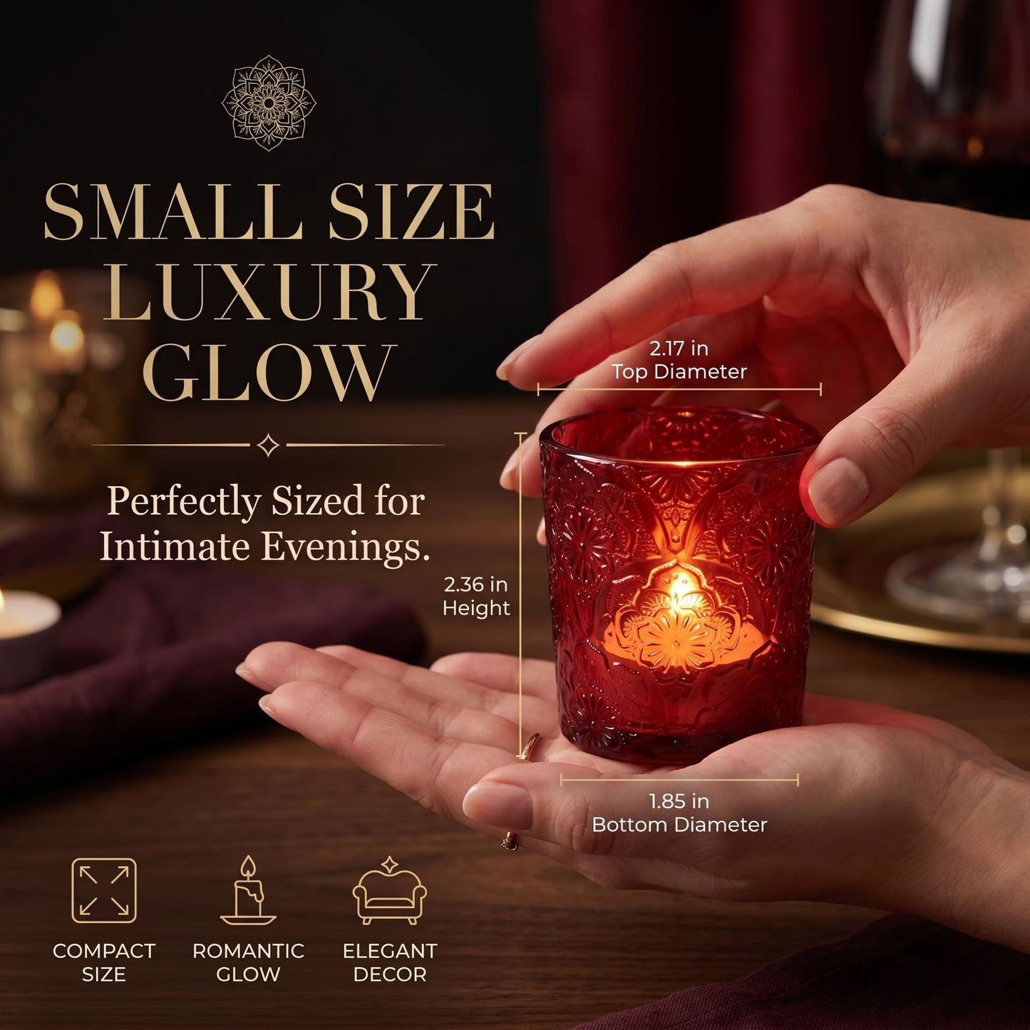 12 Pack Mandala Embossed Glass Candle Holders – Votive Tealight Holders with Patent Design, Decorative Embossed Glass Cups for Wedding Centerpieces, Parties, and Home Décor (Crimson Glow)