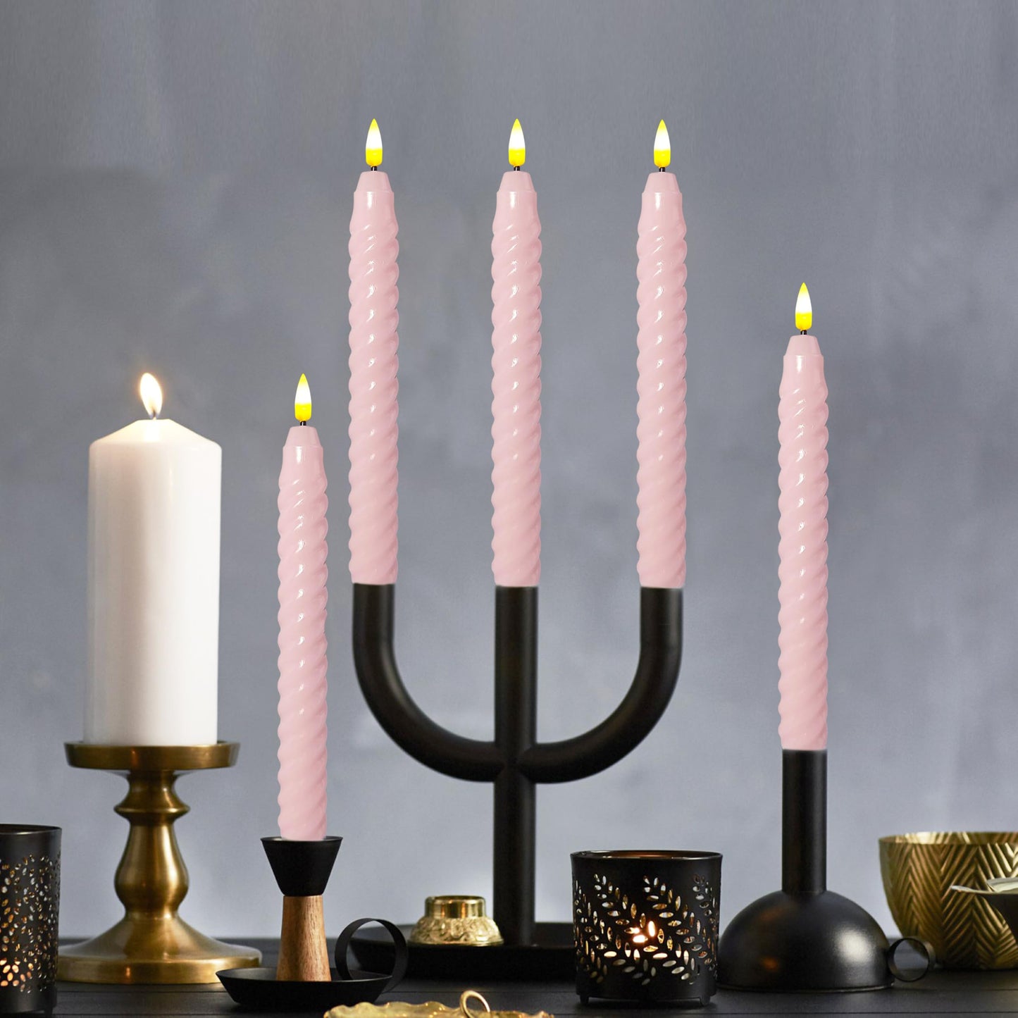FCMSHAMD Pink Spiral Flameless Taper Candles, 9.8 Inch Flickering Candles with Remote and Timer, Real Wax Candlesticks LED Battery Operated 3D Wick for Wedding Party Home Decor, 6PCS